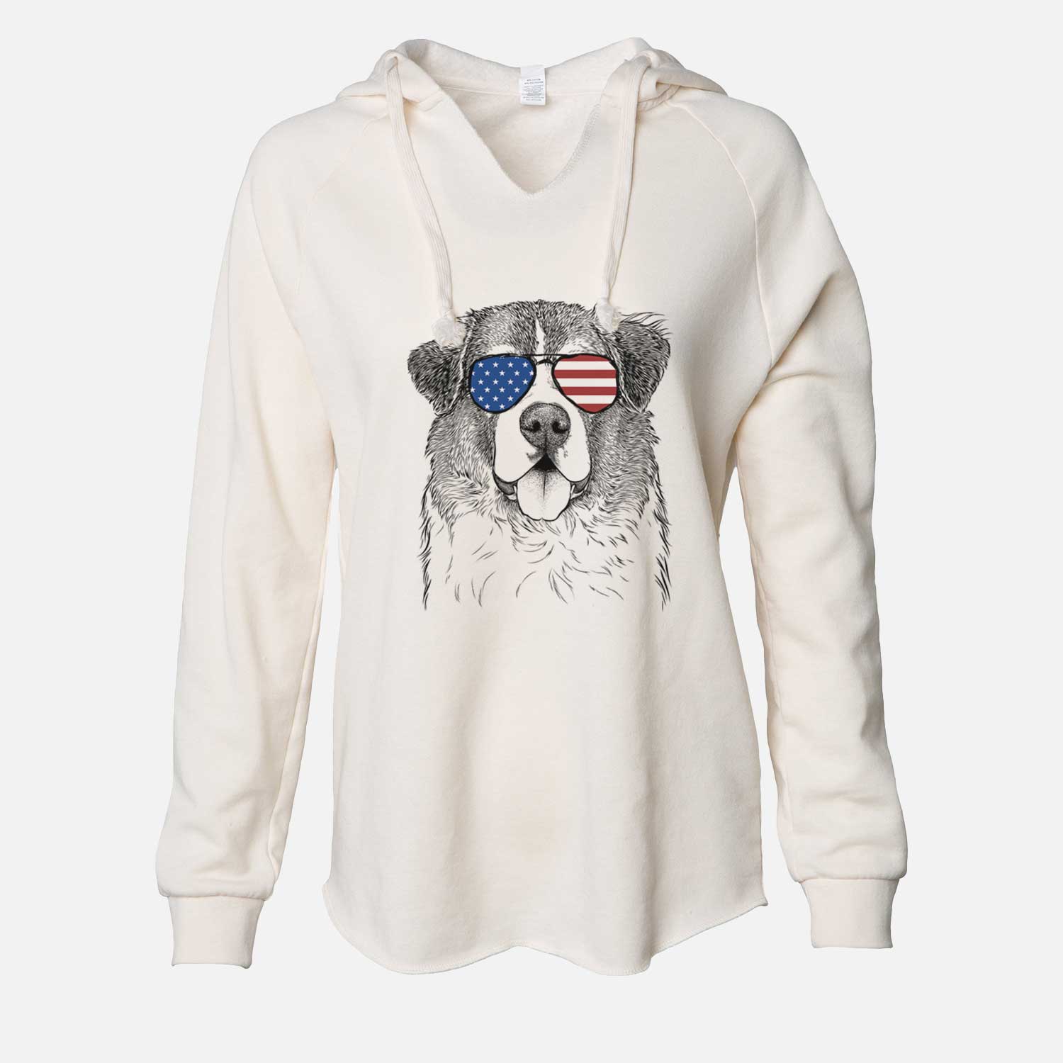 Hand-drawn sketch of Dilly the Saint Bernard wearing American flag sunglasses on a Bone Cali Wave Hooded Sweatshirt