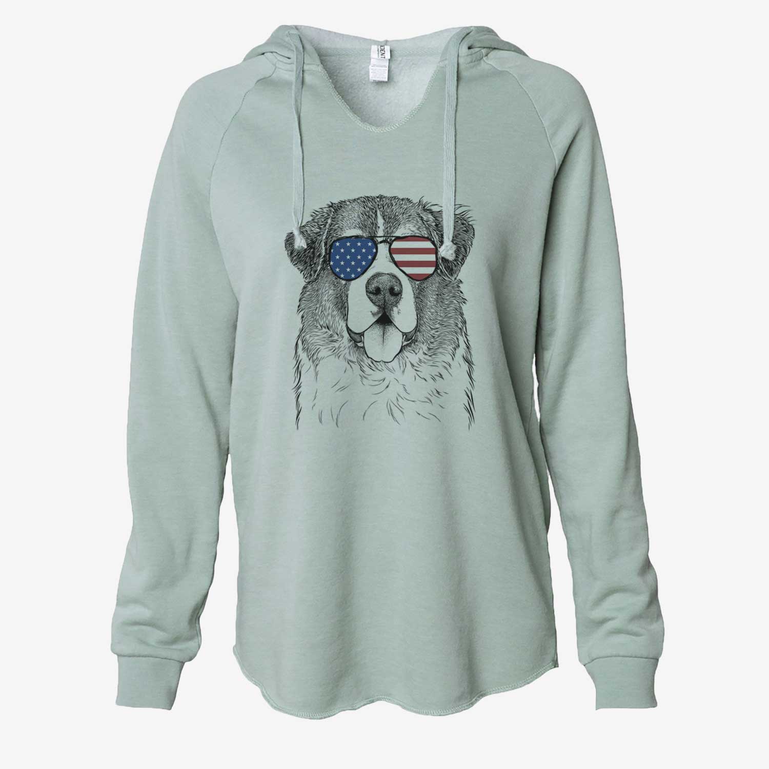 Hand-drawn sketch of Dilly the Saint Bernard wearing American flag sunglasses on a Sage Cali Wave Hooded Sweatshirt