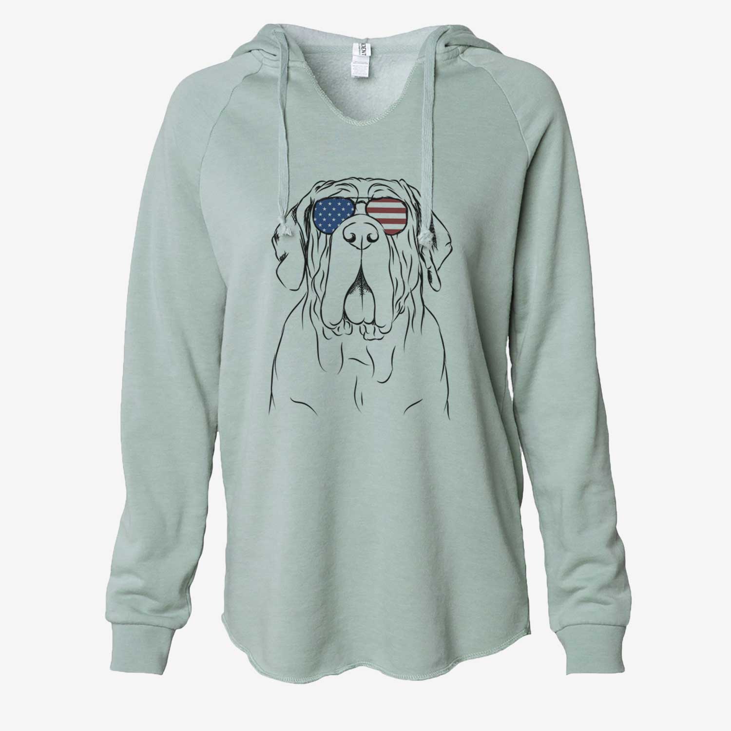Hand-drawn sketch of Dinah the Neapolitan Mastiff wearing American flag sunglasses on a Sage Cali Wave Hooded Sweatshirt