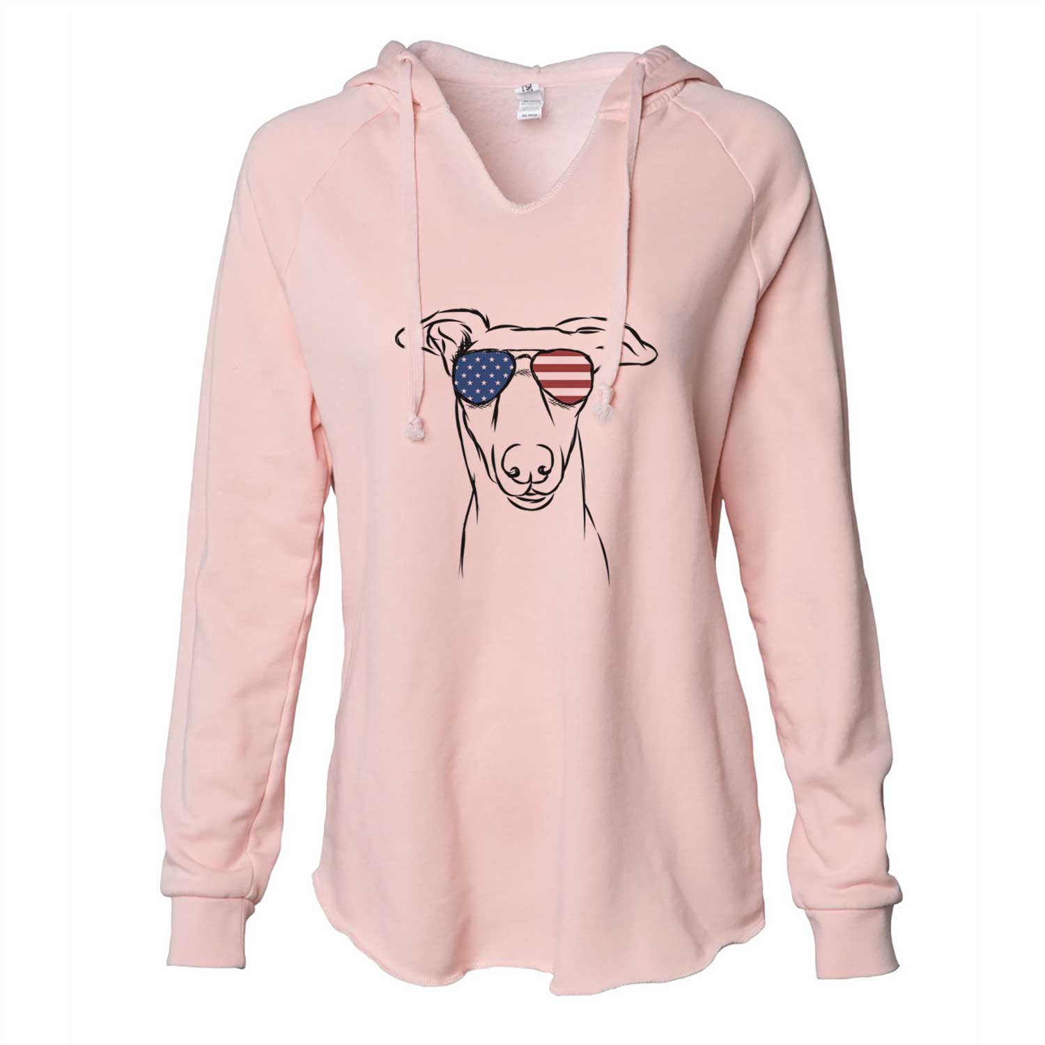Hand-drawn sketch of Diva the Greyhound wearing American flag sunglasses on a Blush Cali Wave Hooded Sweatshirt