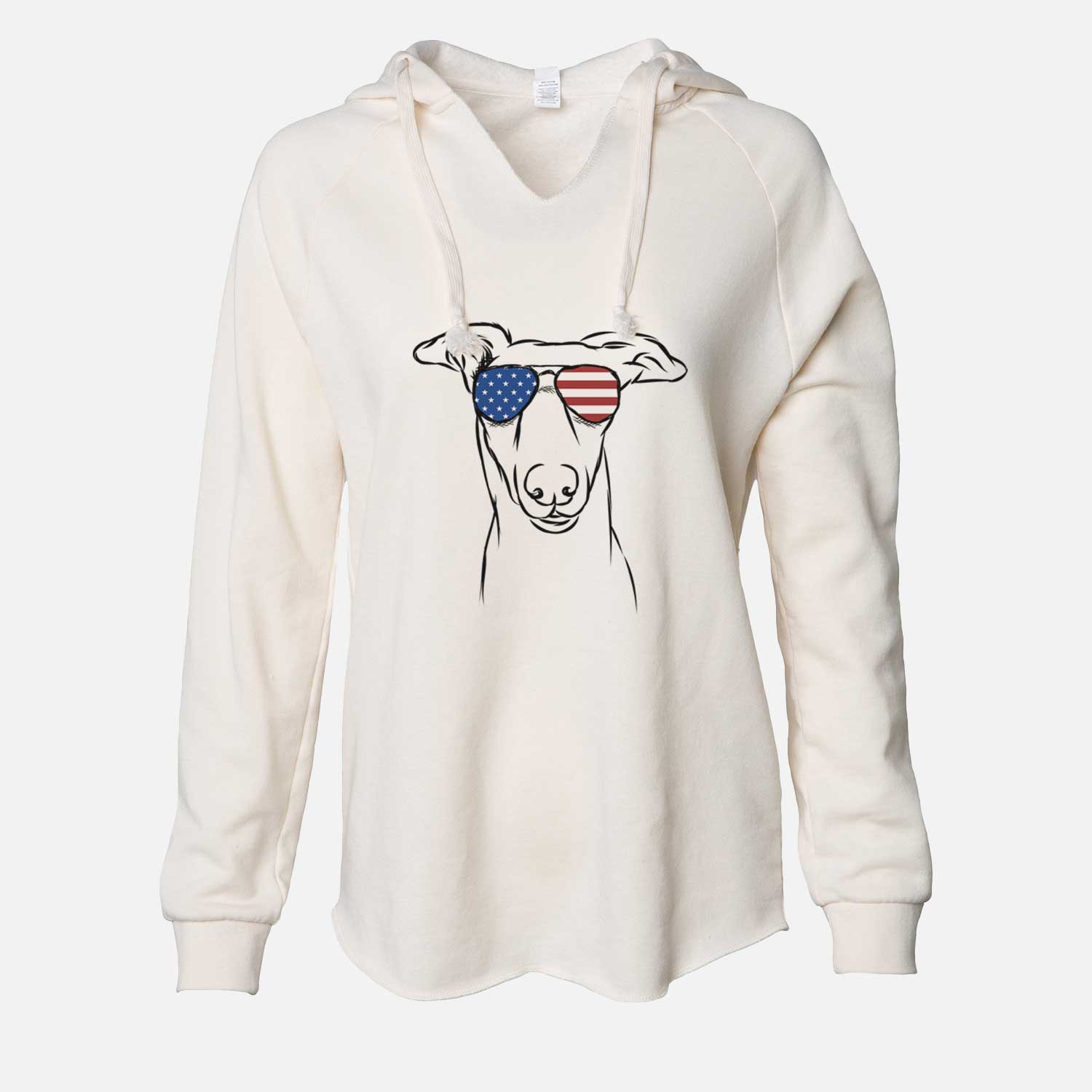 Hand-drawn sketch of Diva the Greyhound wearing American flag sunglasses on a Bone Cali Wave Hooded Sweatshirt