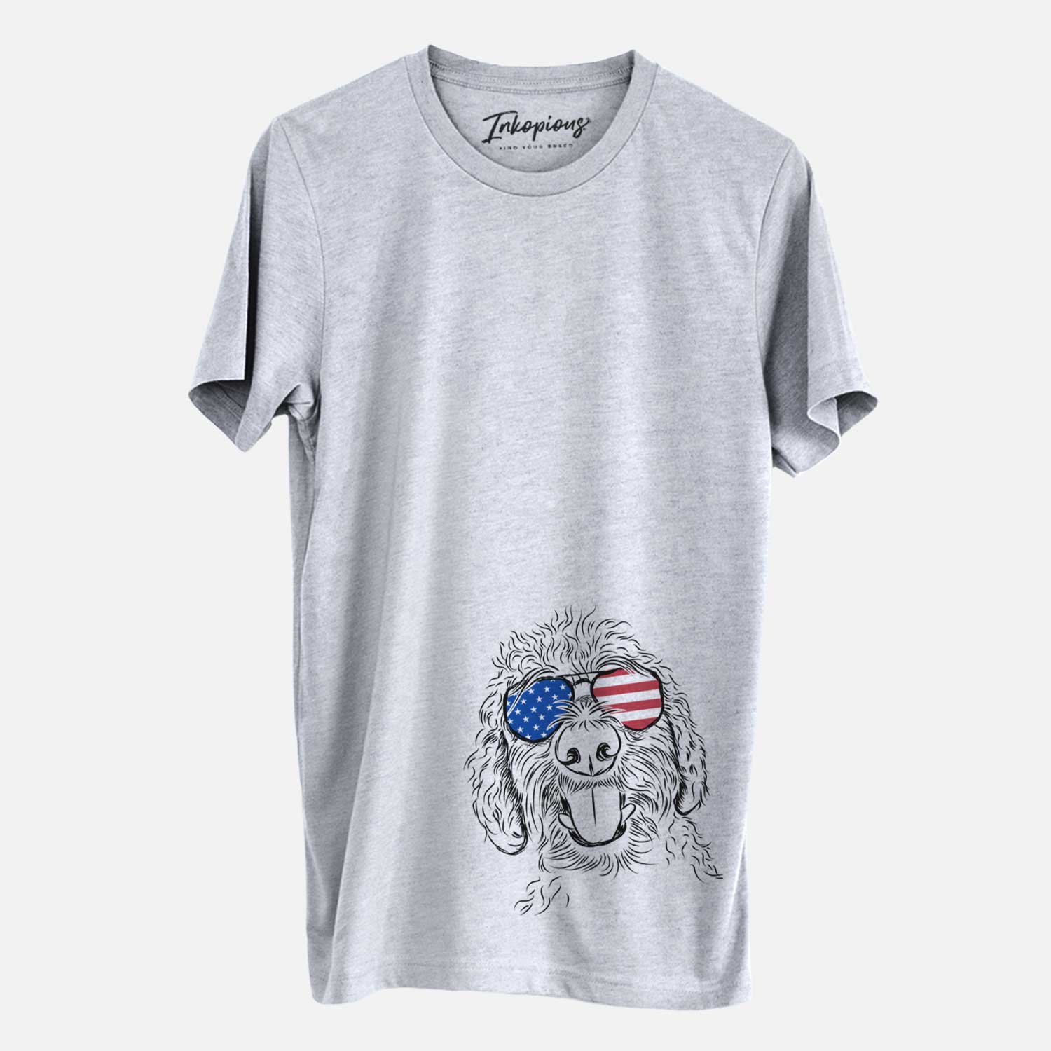 Hand-drawn sketch of Dixie the Doodle wearing American flag sunglasses on a Grey Unisex crewneck