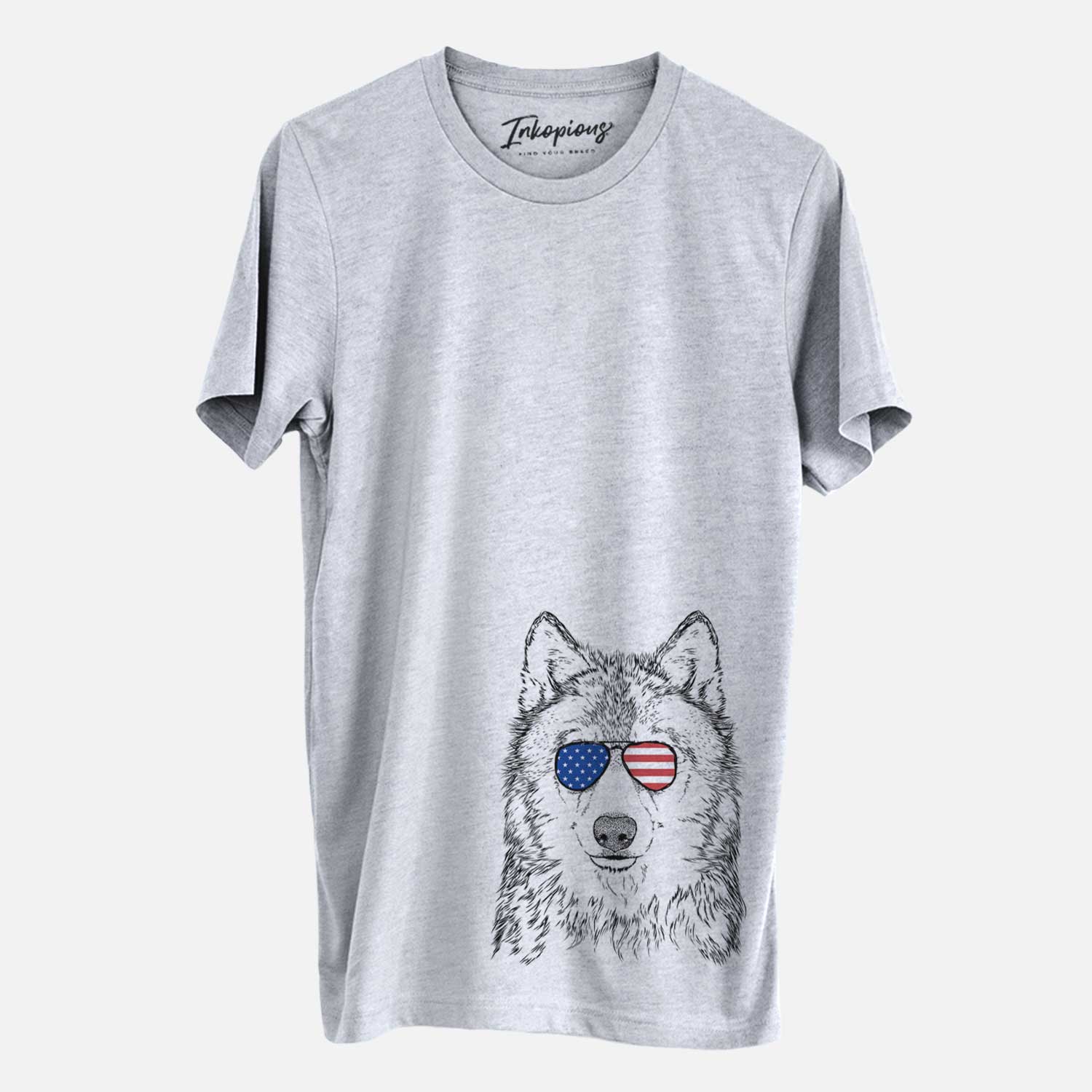 Hand-drawn sketch of Django the Grey Wolf wearing American flag sunglasses on an Unisex crewneck
