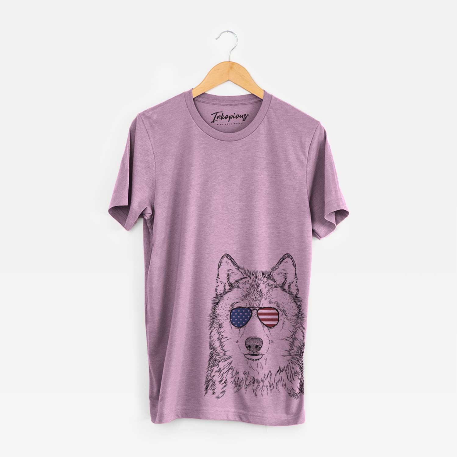 Hand-drawn sketch of Django the Grey Wolf wearing American flag sunglasses on an Orchid Unisex crewneck