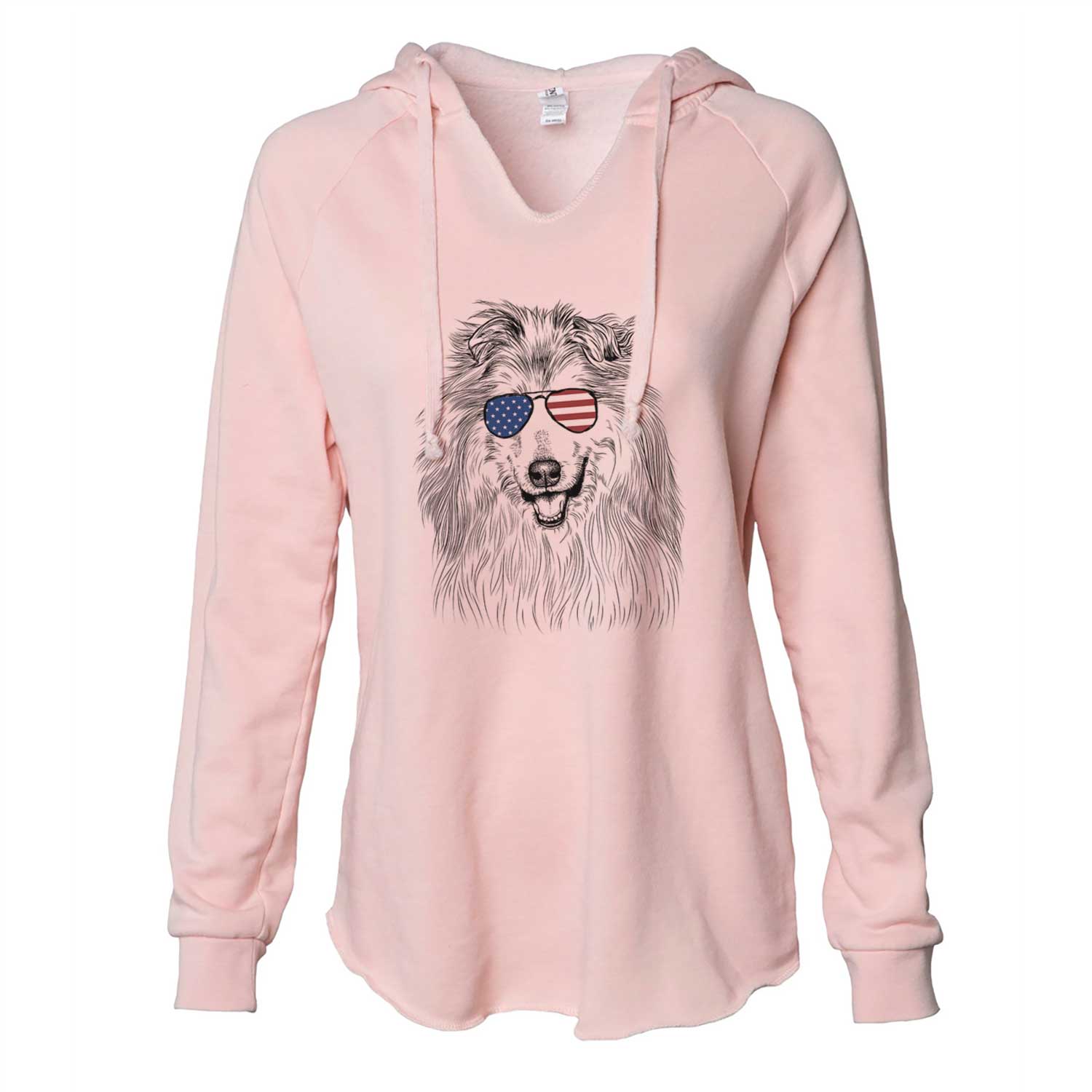 Hand-drawn sketch of Donnan the Rough Collie wearing American flag sunglasses on a Blush Cali Wave Hooded Sweatshirt