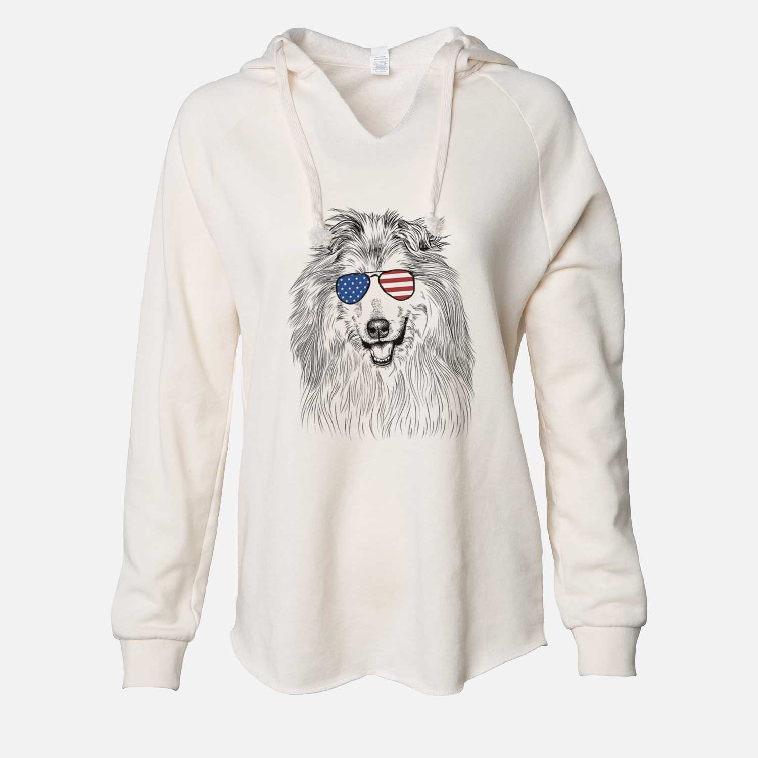 Hand-drawn sketch of Donnan the Rough Collie wearing American flag sunglasses on a Bone Cali Wave Hooded Sweatshirt