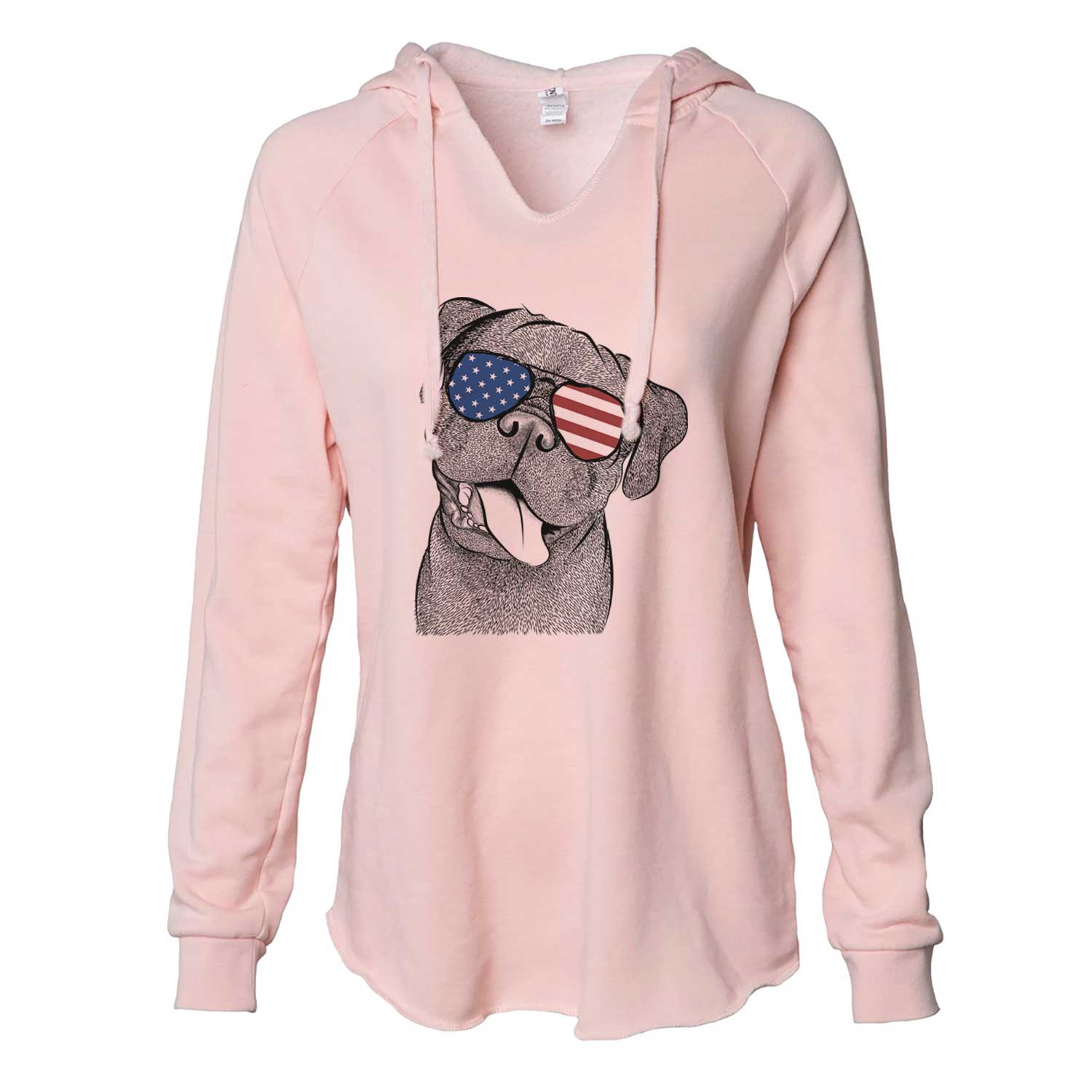 Hand-drawn sketch of Dudley Danger the Pug wearing American flag sunglasses on a Blush Cali Wave Hooded Sweatshirt