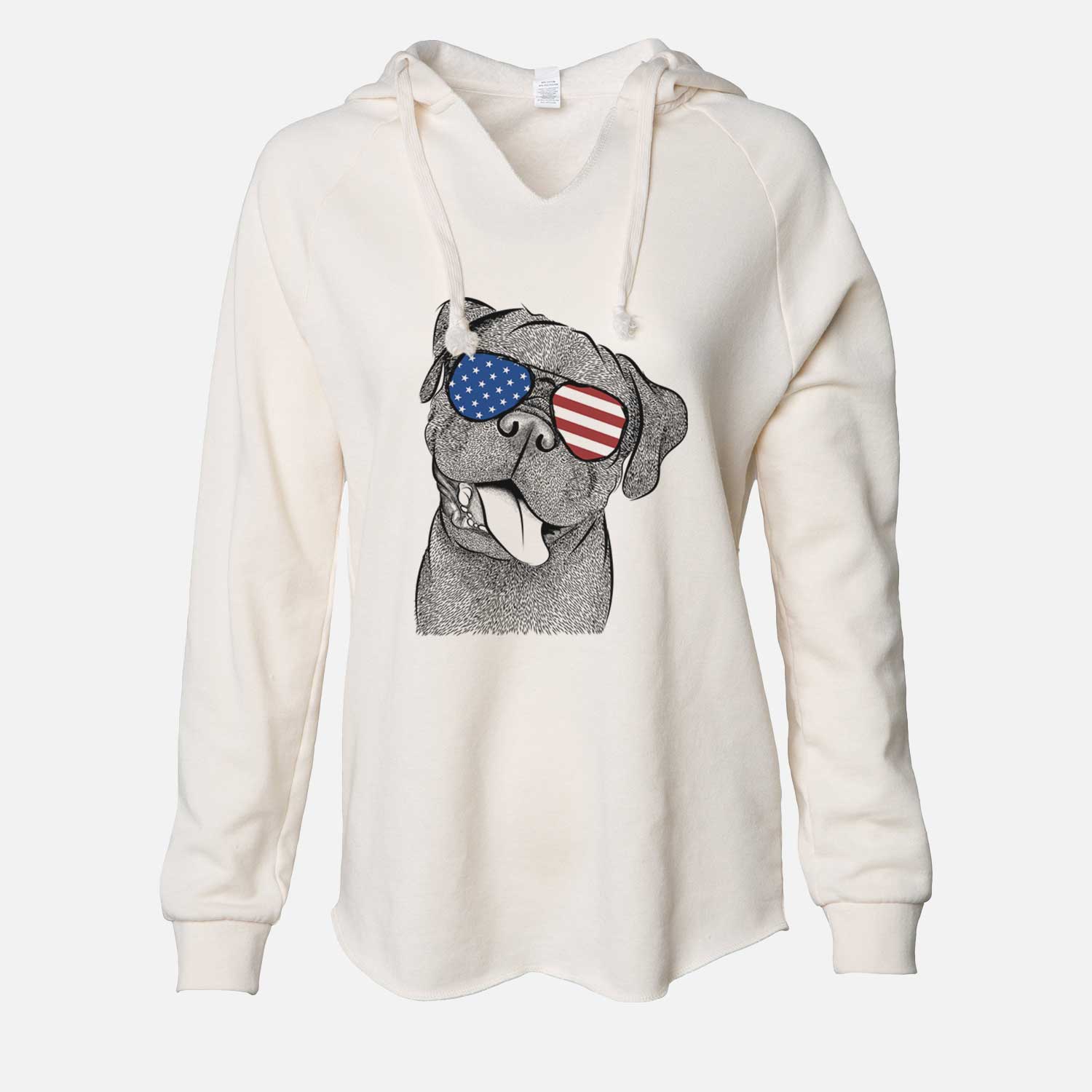 Hand-drawn sketch of Dudley Danger the Pug wearing American flag sunglasses on a Bone Cali Wave Hooded Sweatshirt