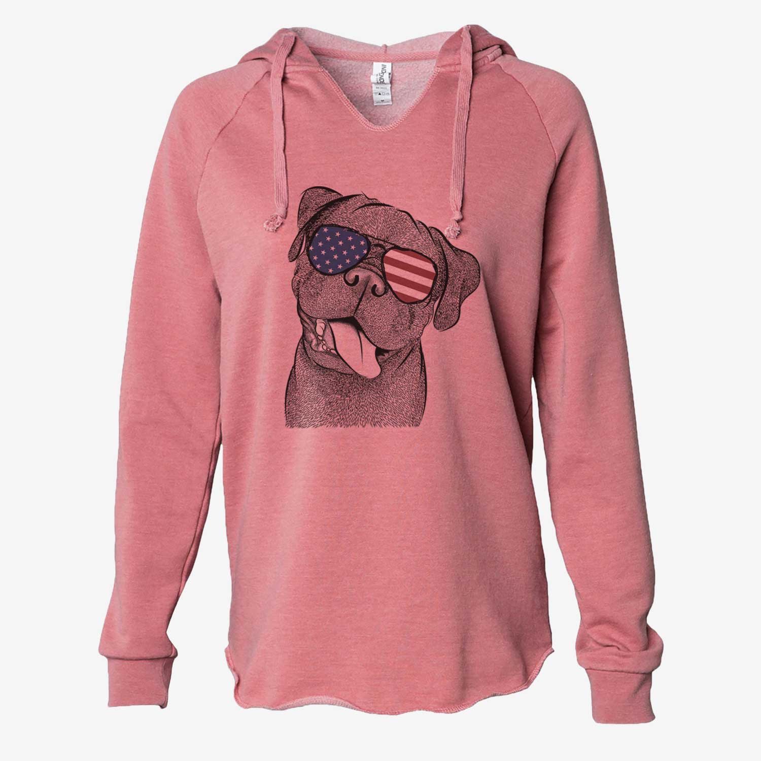 Hand-drawn sketch of Dudley Danger the Pug wearing American flag sunglasses on a Dusty Rose Cali Wave Hooded Sweatshirt