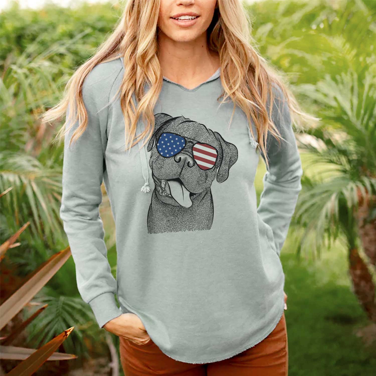 Hand-drawn sketch of Dudley Danger the Pug wearing American flag sunglasses on a Sage Cali Wave Hooded Sweatshirt, lifestyle photo