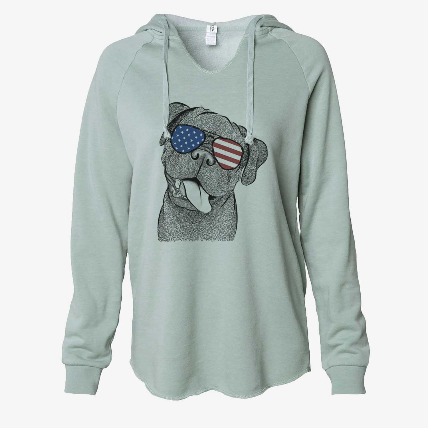 Hand-drawn sketch of Dudley Danger the Pug wearing American flag sunglasses on a Sage Cali Wave Hooded Sweatshirt