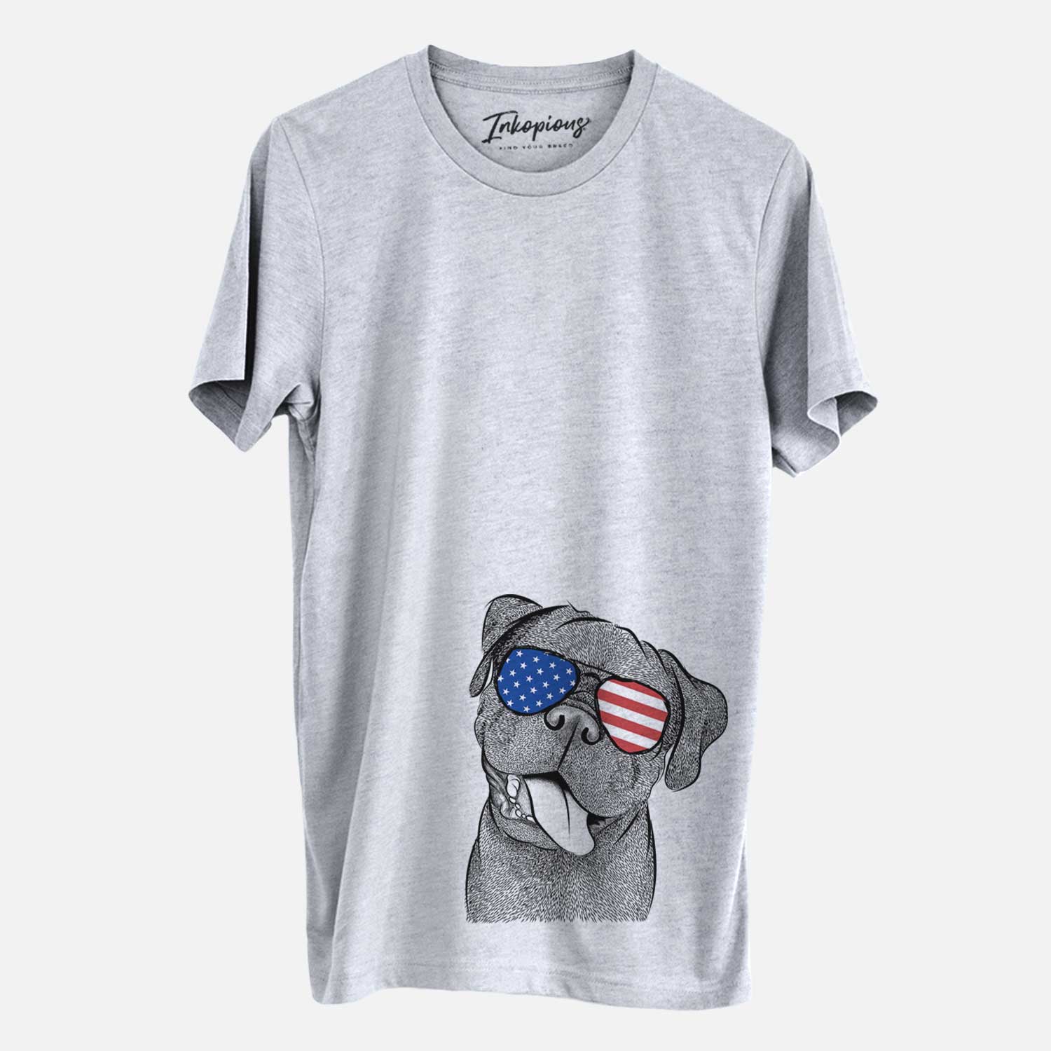 Hand-drawn sketch of Dudley Danger the Pug wearing American flag sunglasses on a Grey Unisex crewneck