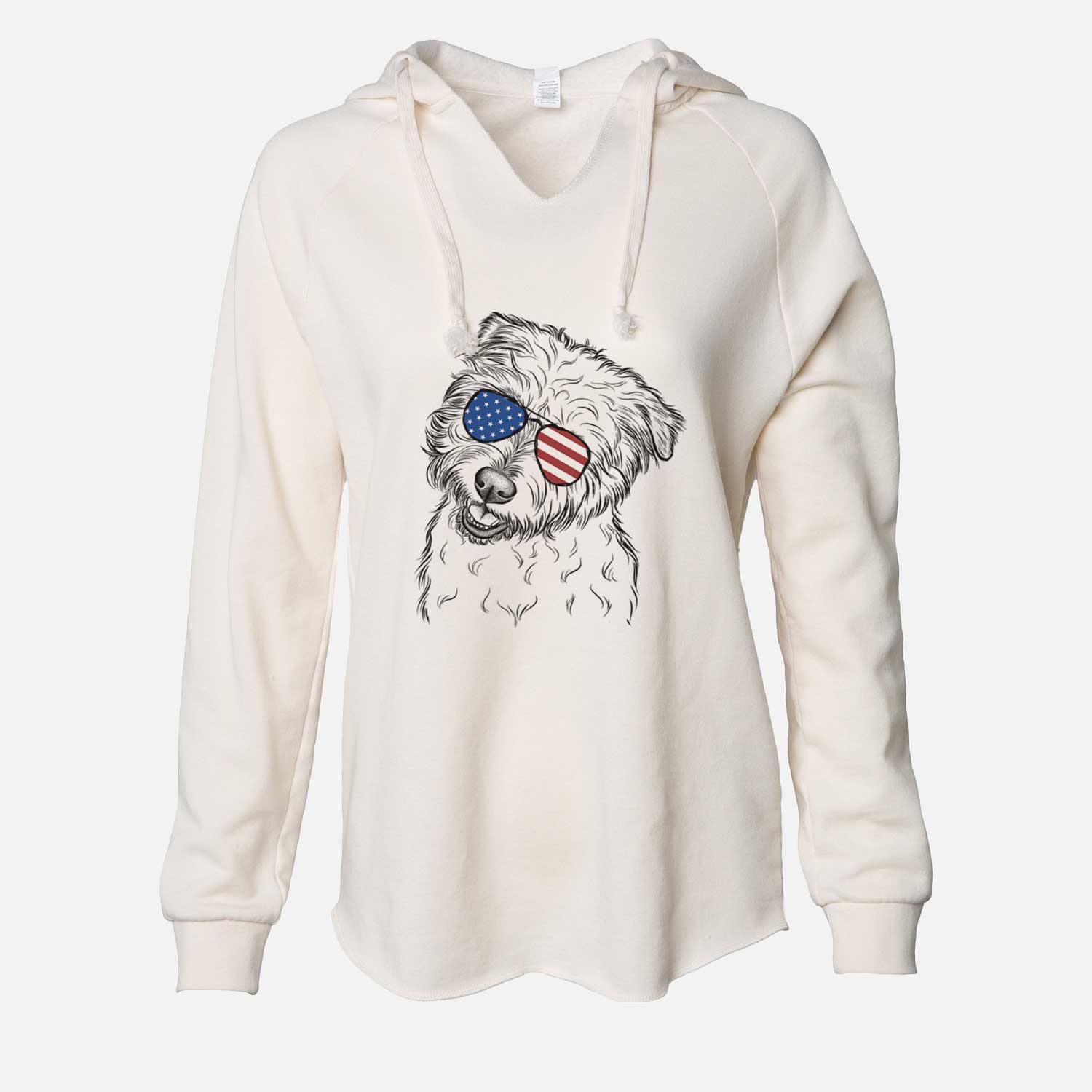 Hand-drawn sketch of Duffy the Glen of Imaal Terrier wearing American flag sunglasses on a Bone Cali Wave Hooded Sweatshirt