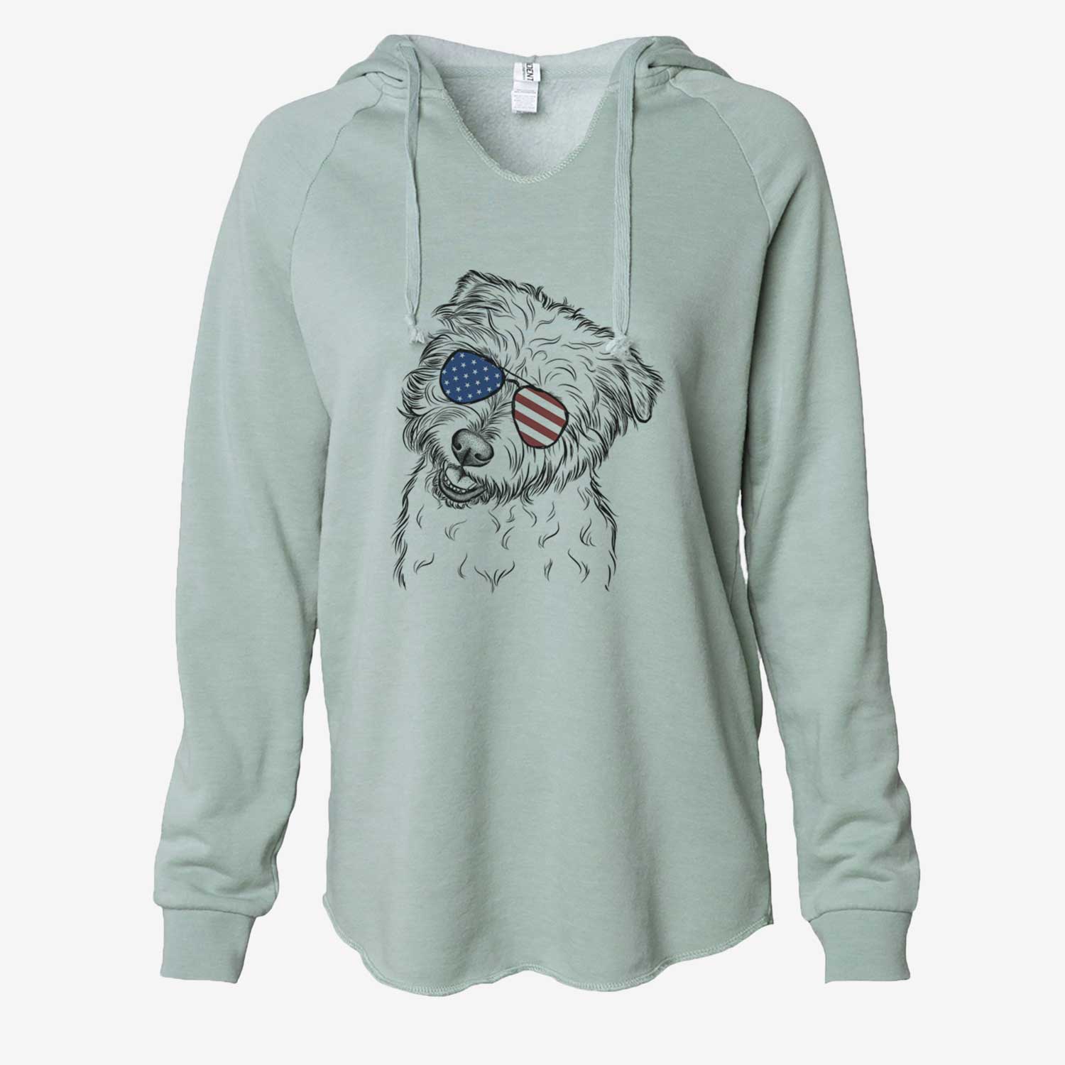 Hand-drawn sketch of Duffy the Glen of Imaal Terrier wearing American flag sunglasses on a Sage Cali Wave Hooded Sweatshirt