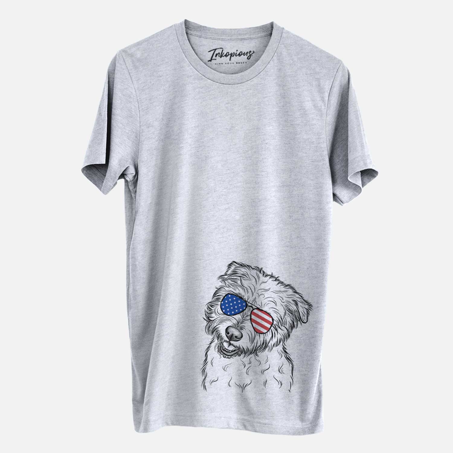 Hand-drawn sketch of Duffy the Glen of Imaal Terrier wearing American flag sunglasses on a Grey Unisex crewneck