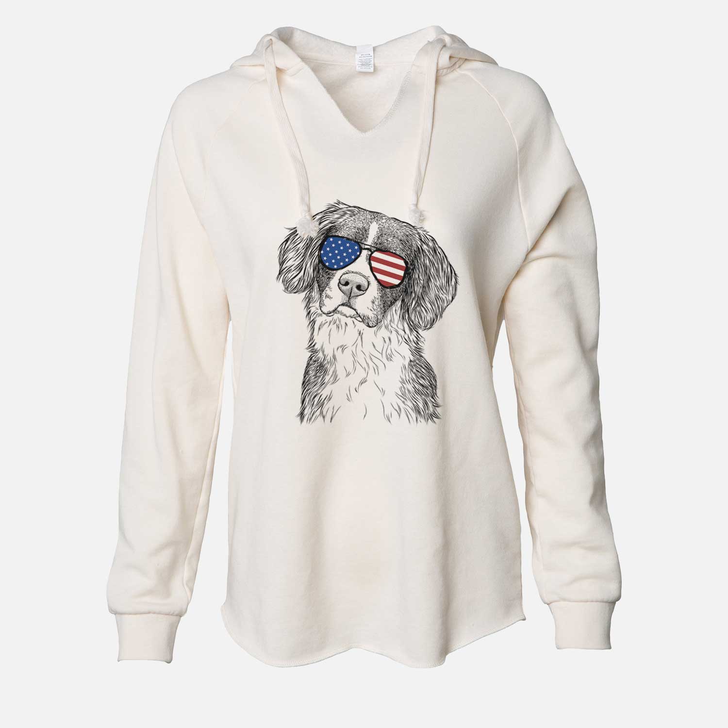 Hand-drawn sketch of Dulce the Drentsche Patrijshond wearing American flag sunglasses on a Bone Cali Wave Hooded Sweatshirt