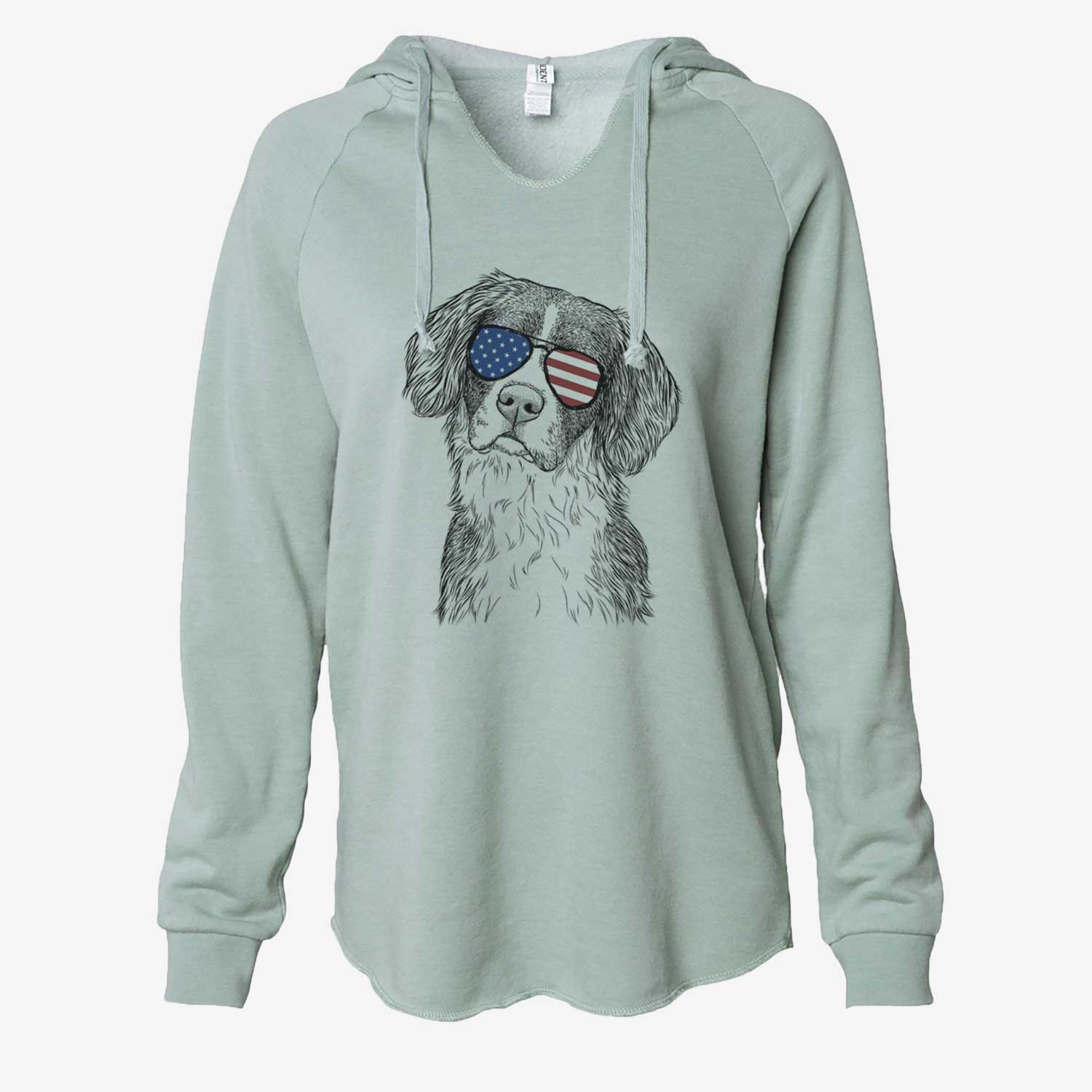 Hand-drawn sketch of Dulce the Drentsche Patrijshond wearing American flag sunglasses on a Sage Cali Wave Hooded Sweatshirt