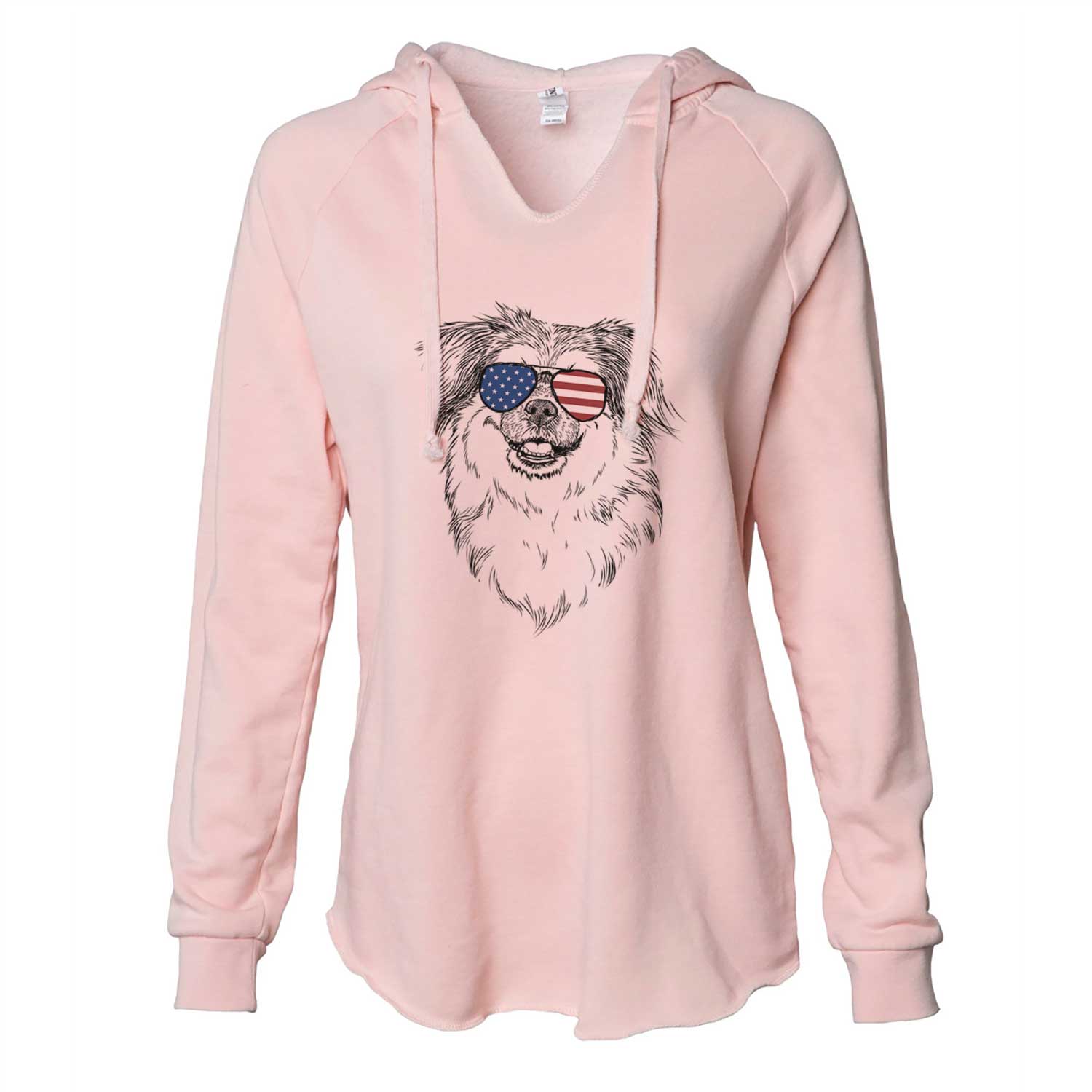 Hand-drawn sketch of Ed the Tibetan Spaniel wearing American flag sunglasses on a Blush Cali Wave Hooded Sweatshirt