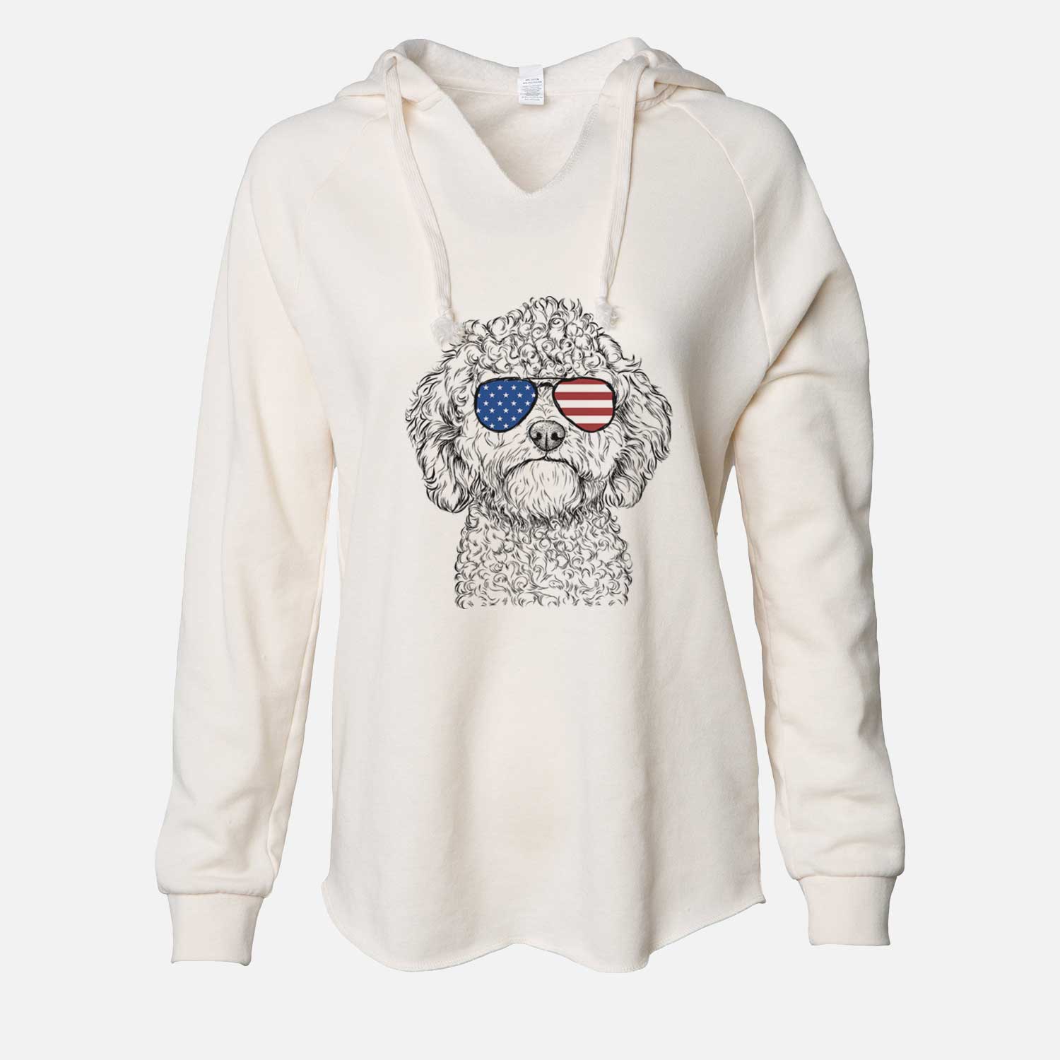 Hand-drawn sketch of Edgar the Shihpoo wearing American flag sunglasses on a Bone Cali Wave Hooded Sweatshirt