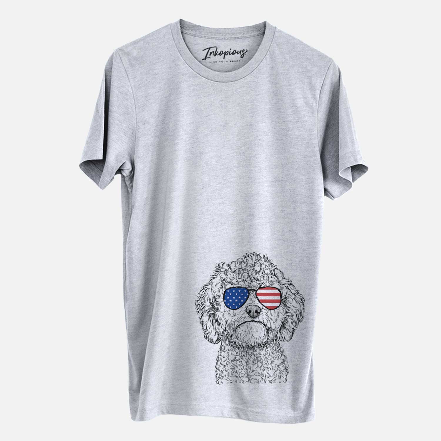 Hand-drawn sketch of Edgar the Shihpoo wearing American flag sunglasses on a Grey Unisex crewneck
