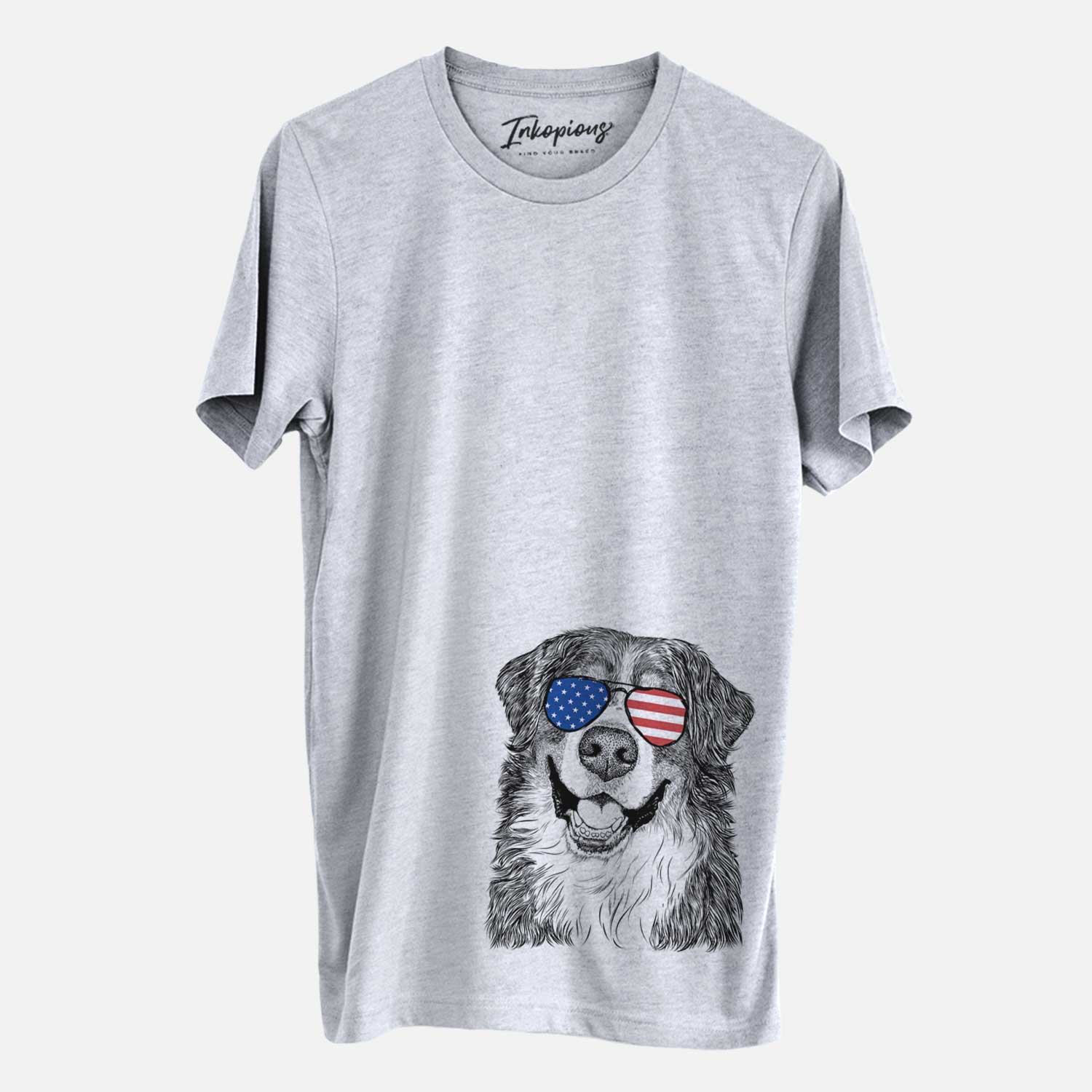 Hand-drawn sketch of Eiger the Bernese Mountain Dog wearing American flag sunglasses on a Grey Unisex crewneck