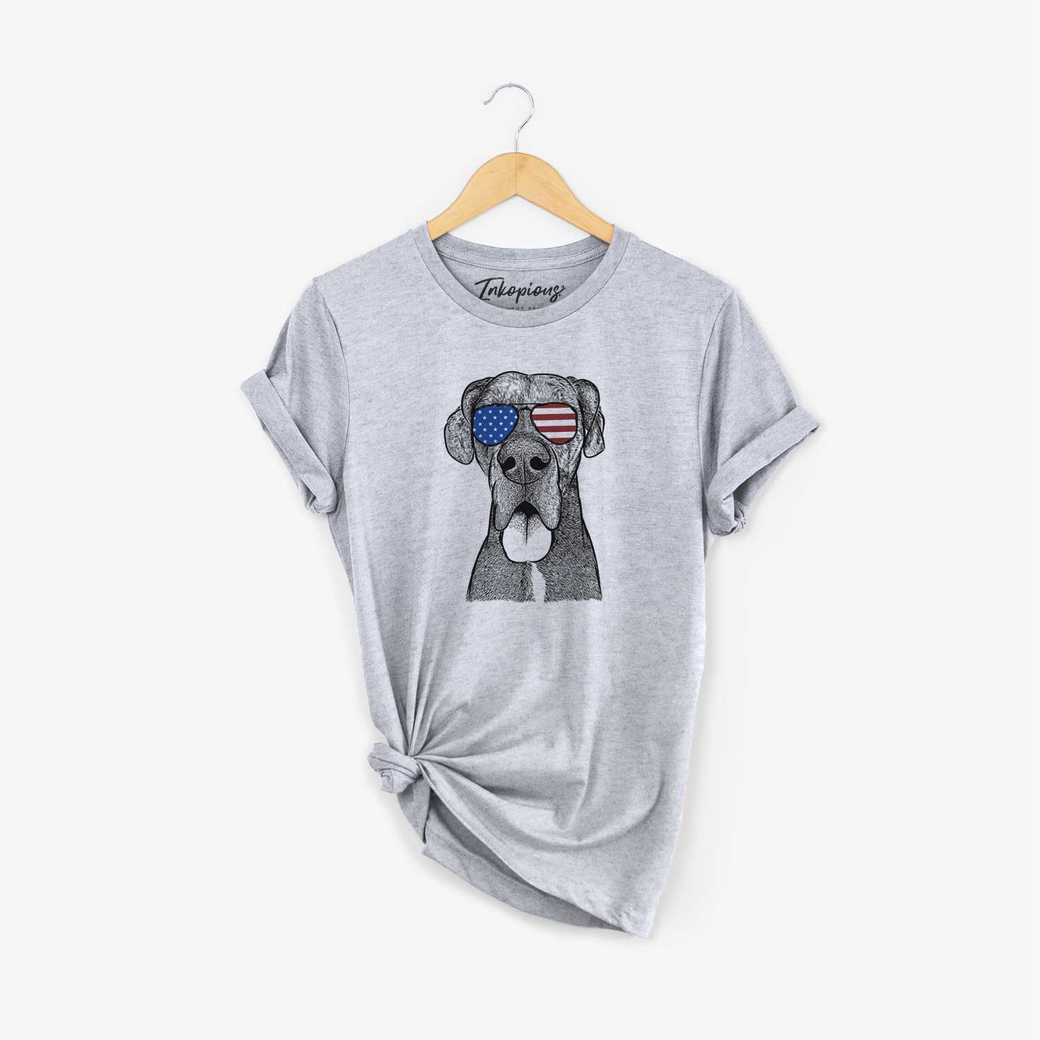 Hand-drawn sketch of Eli the Great Dane wearing American flag sunglasses on a Grey Unisex crewneck