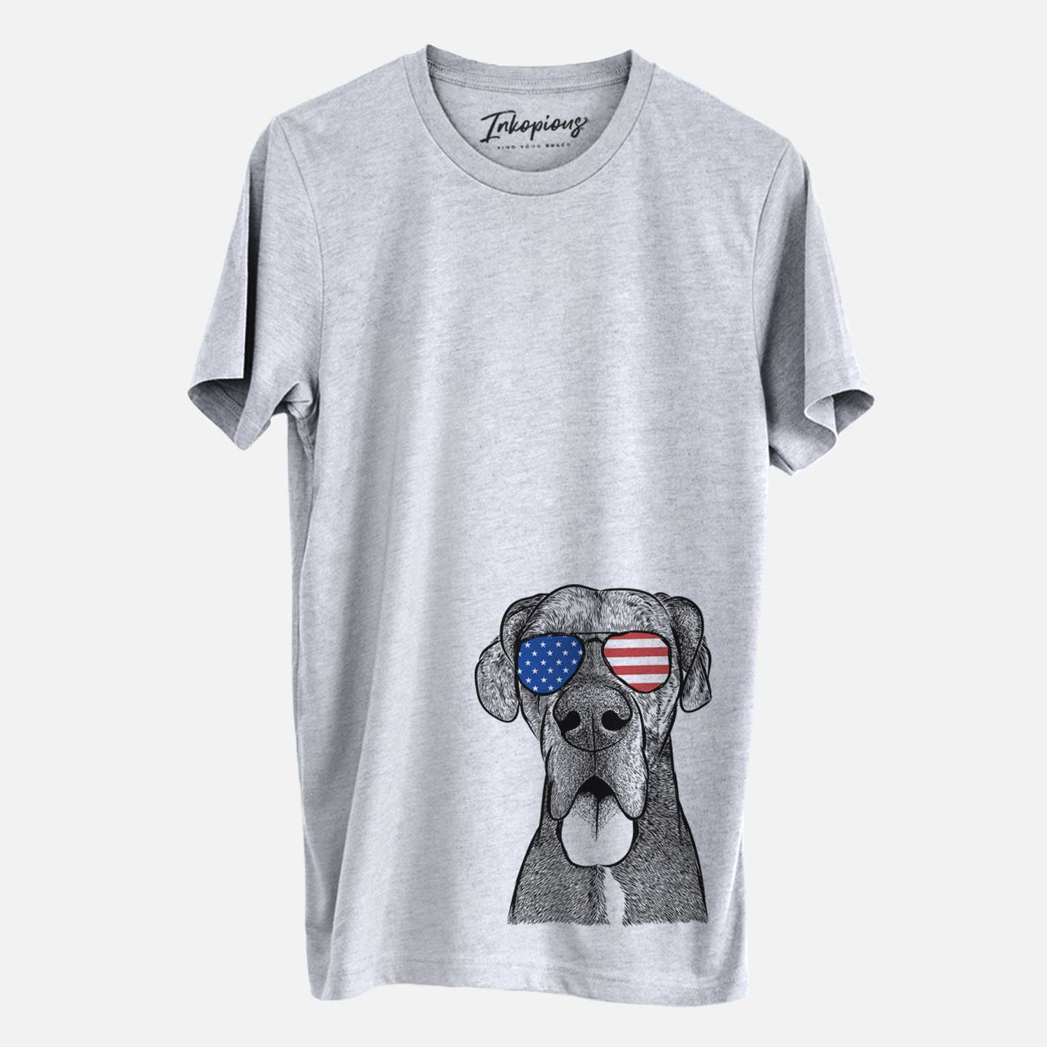Hand-drawn sketch of Eli the Great Dane wearing American flag sunglasses on a Grey Unisex crewneck