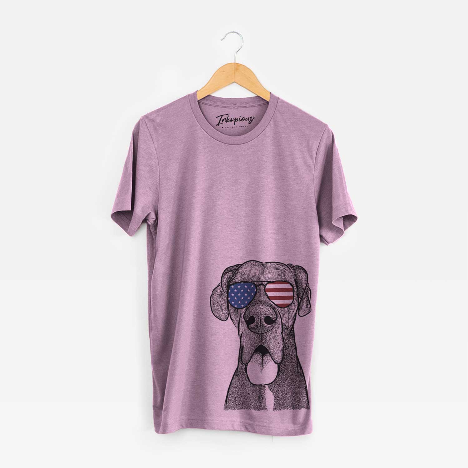 Hand-drawn sketch of Eli the Great Dane wearing American flag sunglasses on an Orchid Unisex crewneck