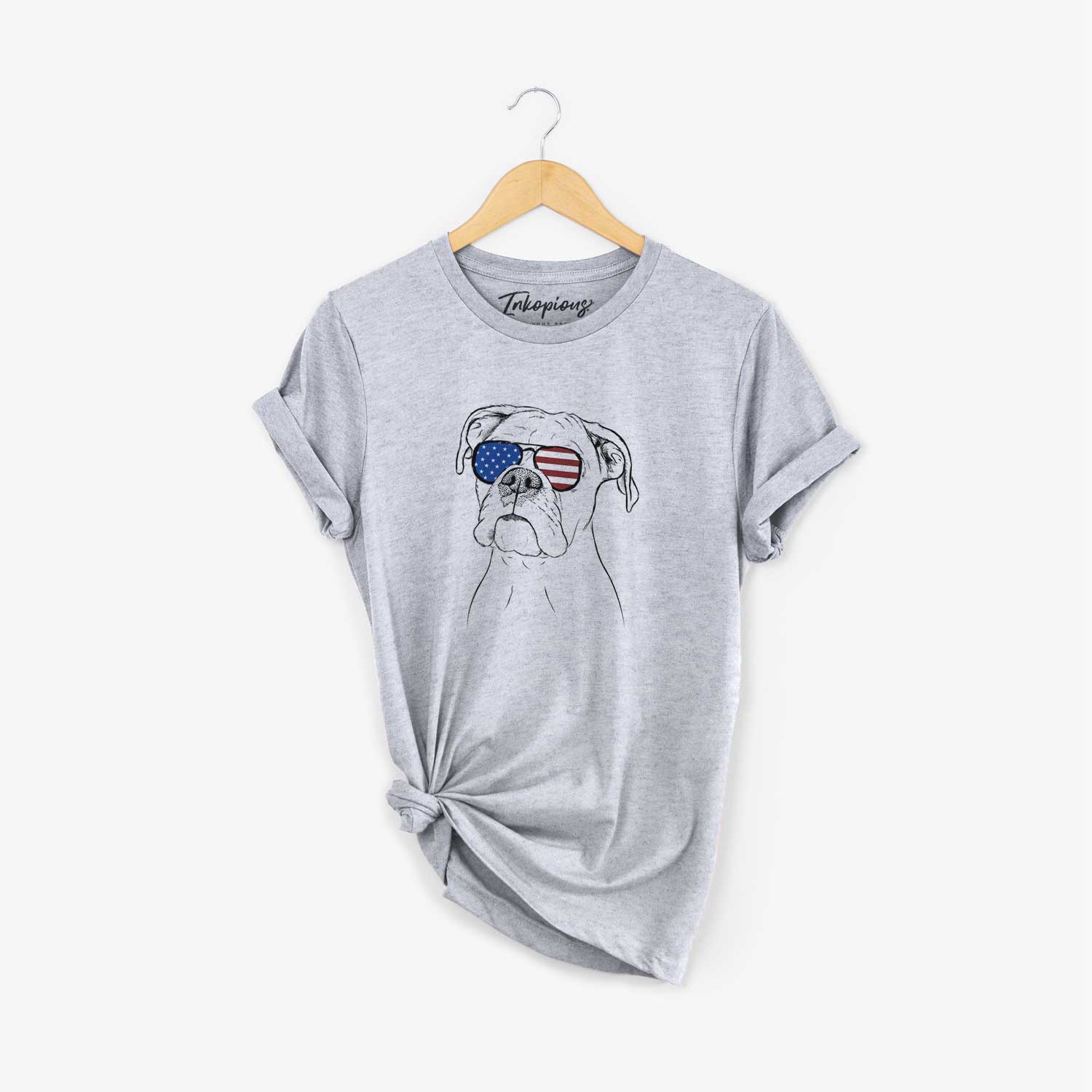 Hand-drawn sketch of Ellie the Boxer wearing American flag sunglasses on a Grey Unisex crewneck