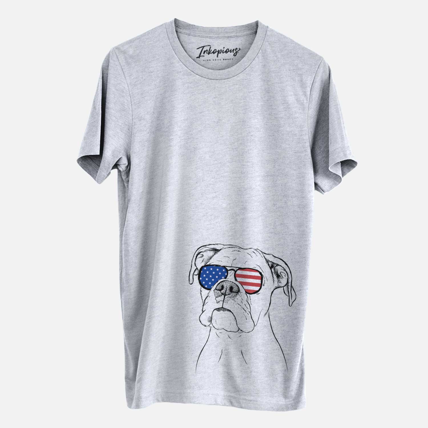 Hand-drawn sketch of Ellie the Boxer wearing American flag sunglasses on a Grey Unisex crewneck