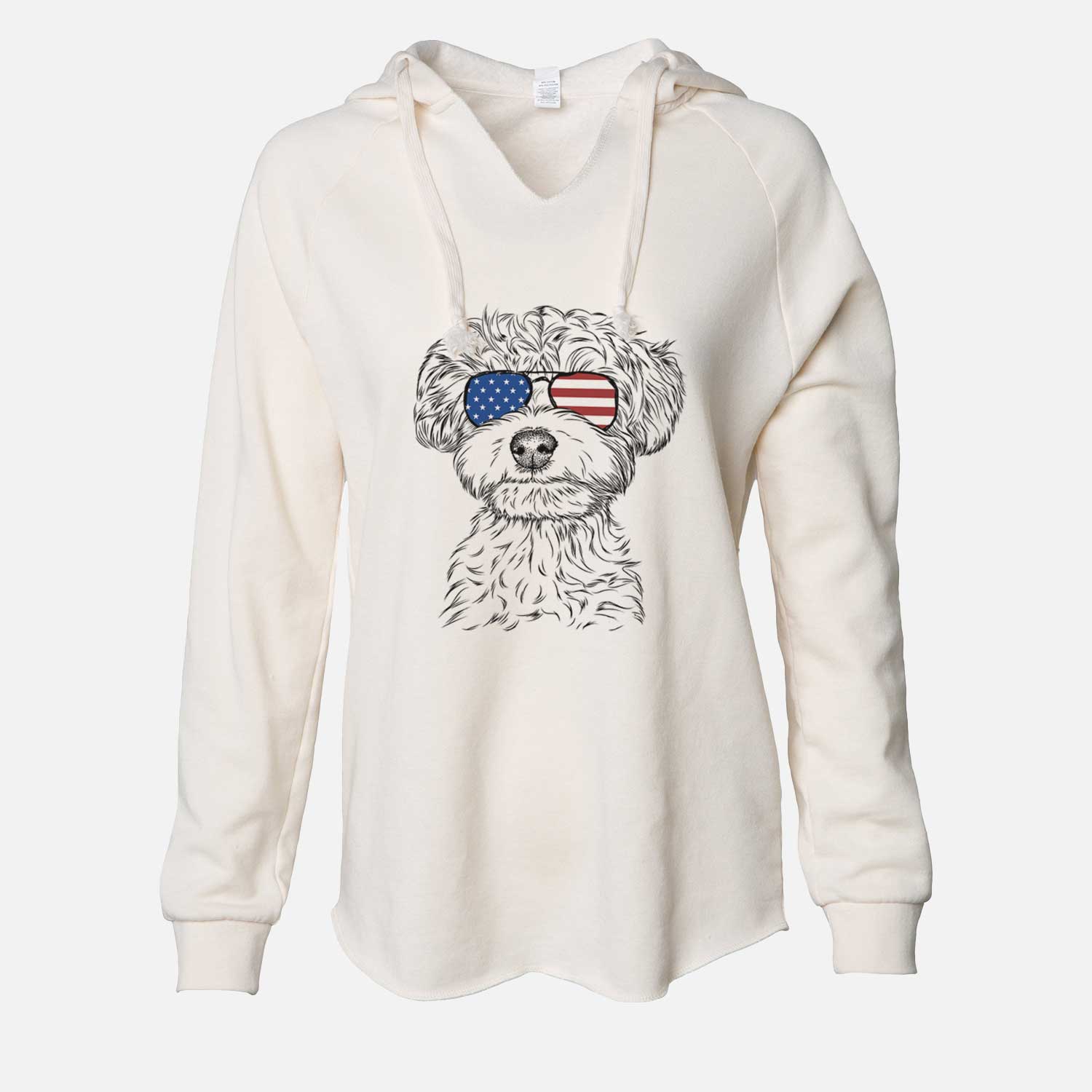 Hand-drawn sketch of Elliott the Yorkiepoo wearing American flag sunglasses on a Bone Cali Wave Hooded Sweatshirt