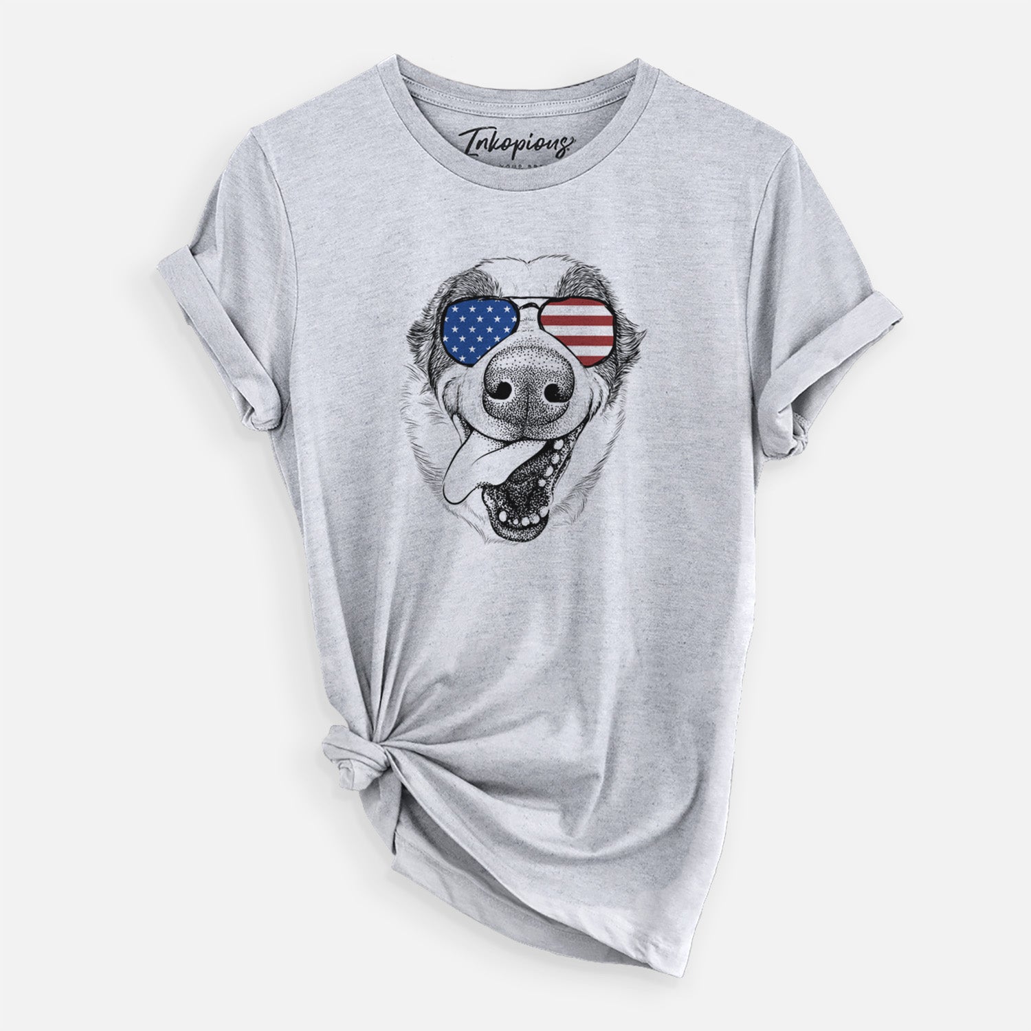 Hand-drawn sketch of Elwood the Border Collie wearing American flag sunglasses on a Grey Unisex crewneck
