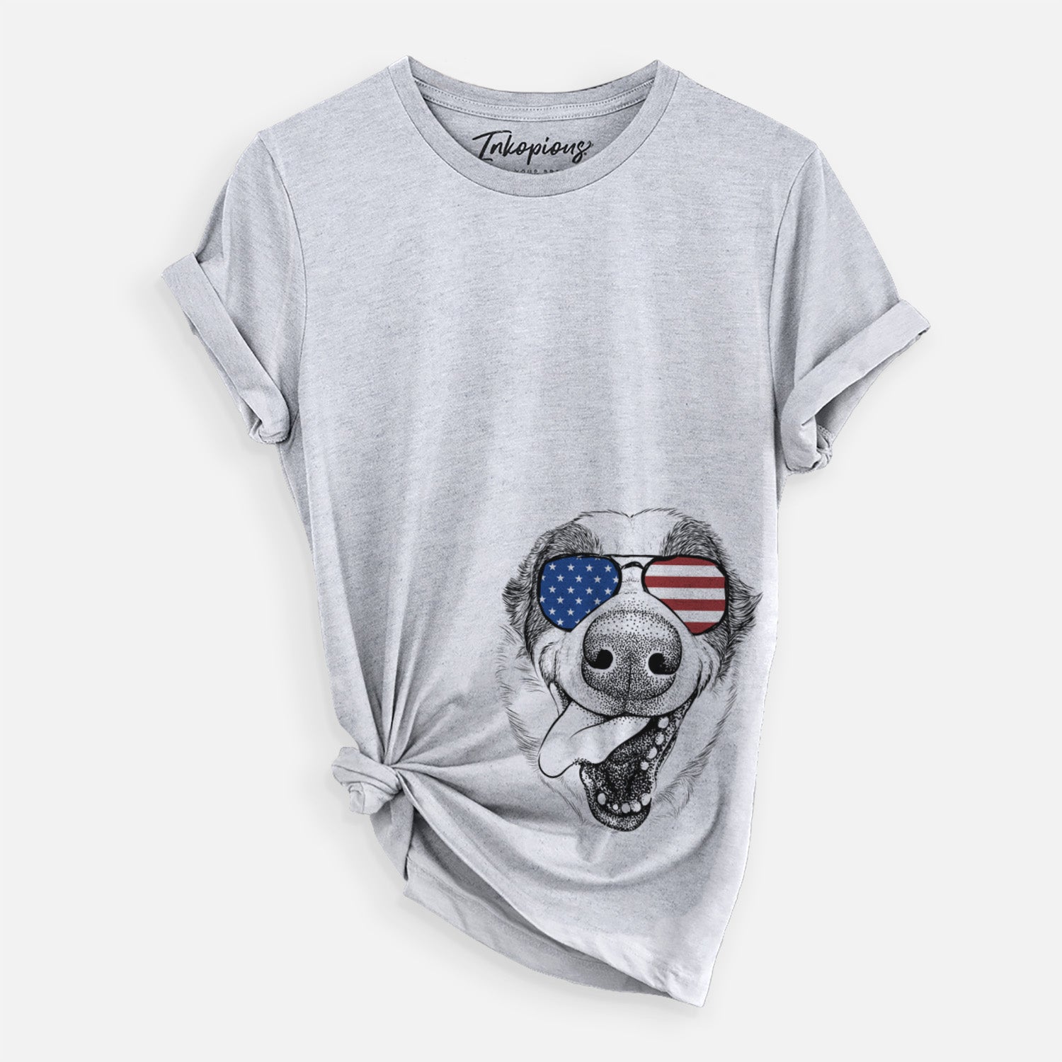 Hand-drawn sketch of Elwood the Border Collie wearing American flag sunglasses on a Grey Unisex crewneck