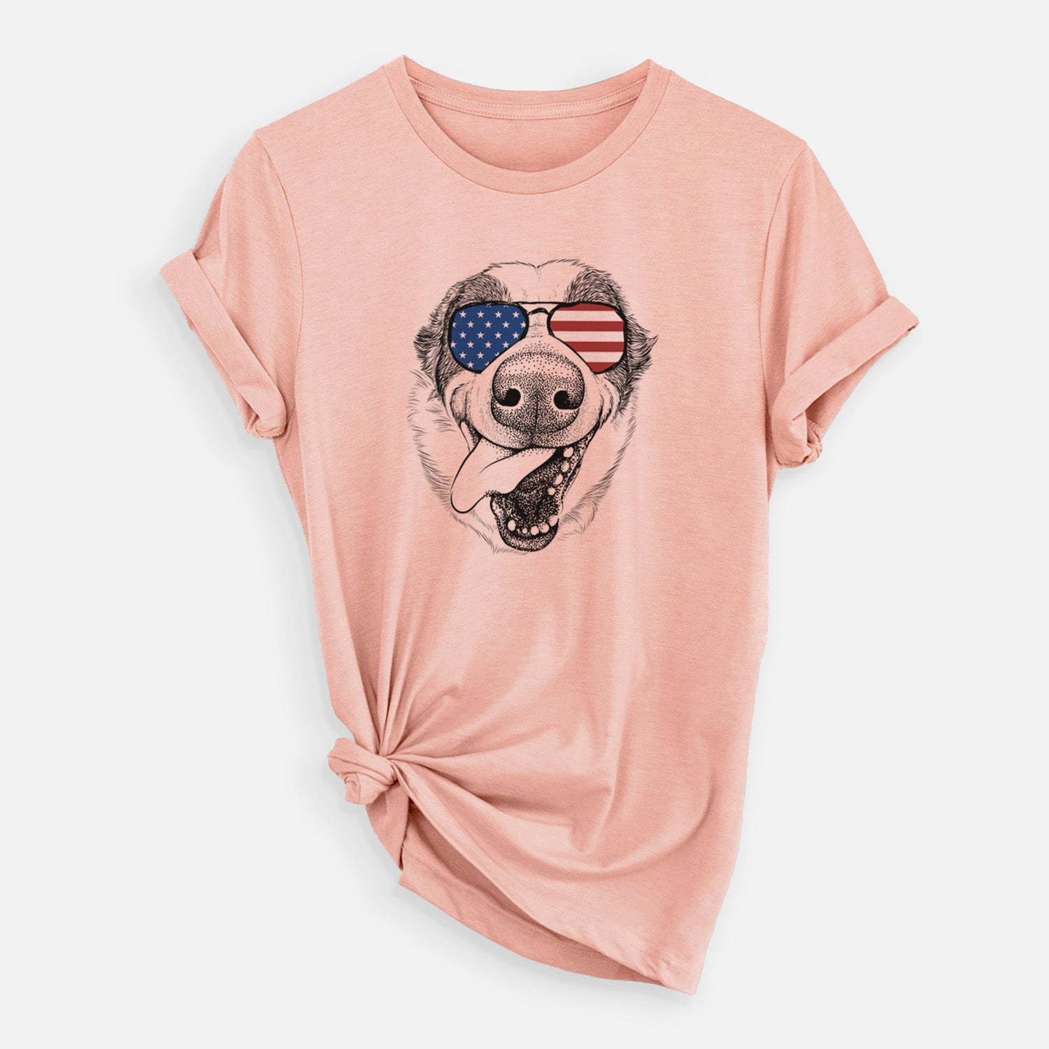 Hand-drawn sketch of Elwood the Border Collie wearing American flag sunglasses on a Peach Unisex crewneck