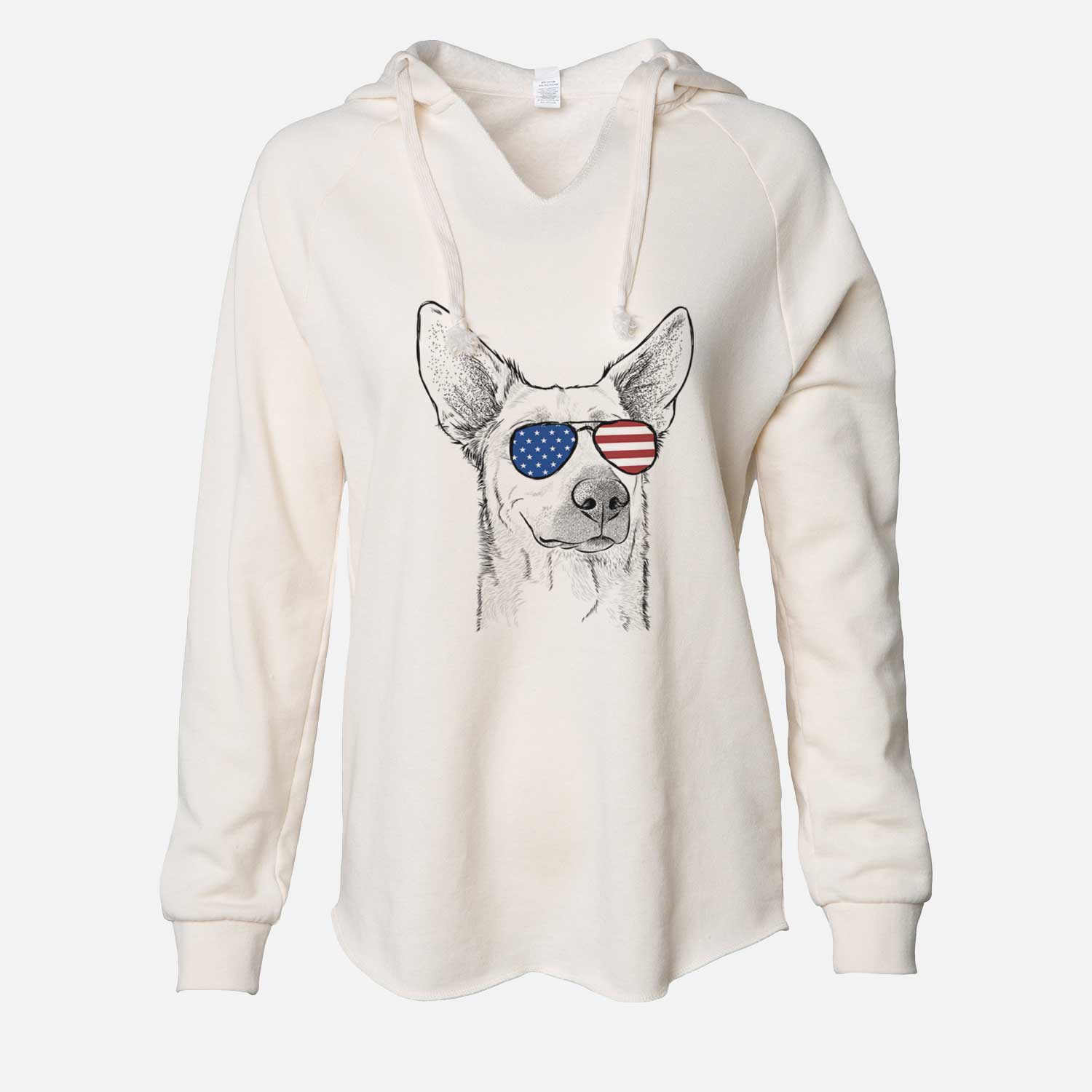 Hand-drawn sketch of Ember the Shepherd Mix wearing American flag sunglasses on a Bone Cali Wave Hooded Sweatshirt