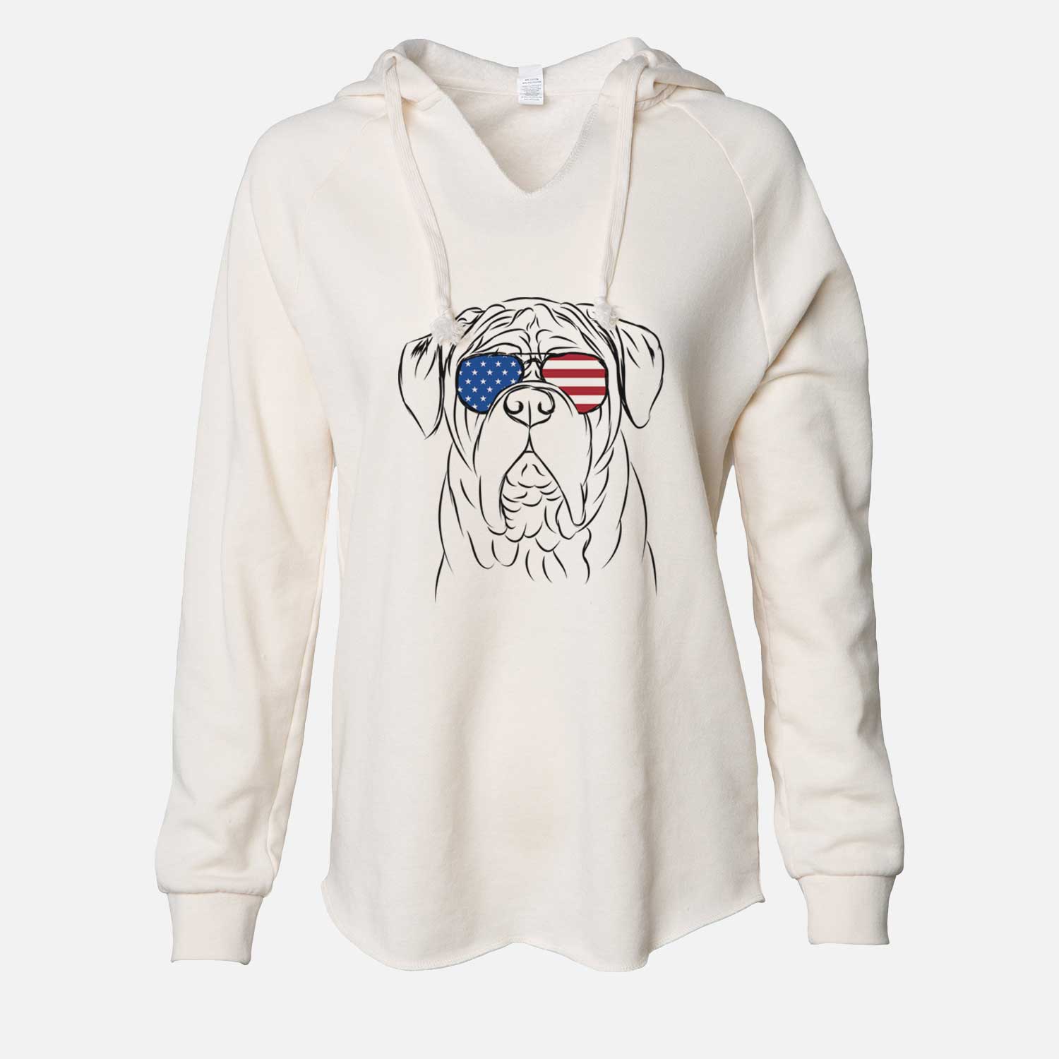 Hand-drawn sketch of Felix the Dogue de Bordeaux wearing American flag sunglasses on a Bone Cali Wave Hooded Sweatshirt