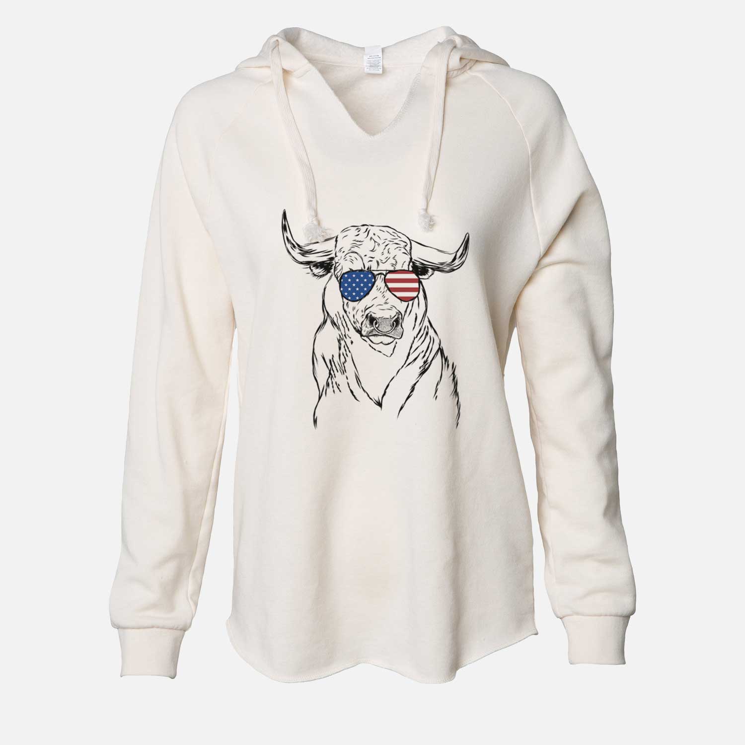 Hand-drawn sketch of Ferdinand the Bull wearing American flag sunglasses on a Bone Cali Wave Hooded Sweatshirt