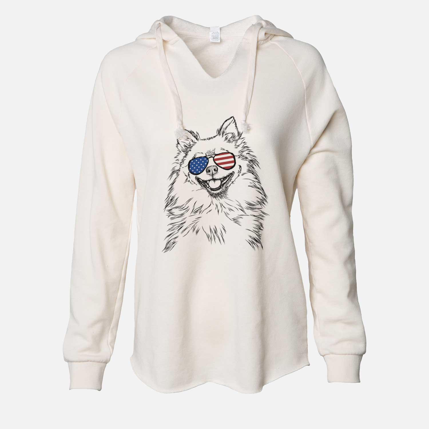 Hand-drawn sketch of Fibi the Spitz wearing American flag sunglasses on a Bone Cali Wave Hooded Sweatshirt