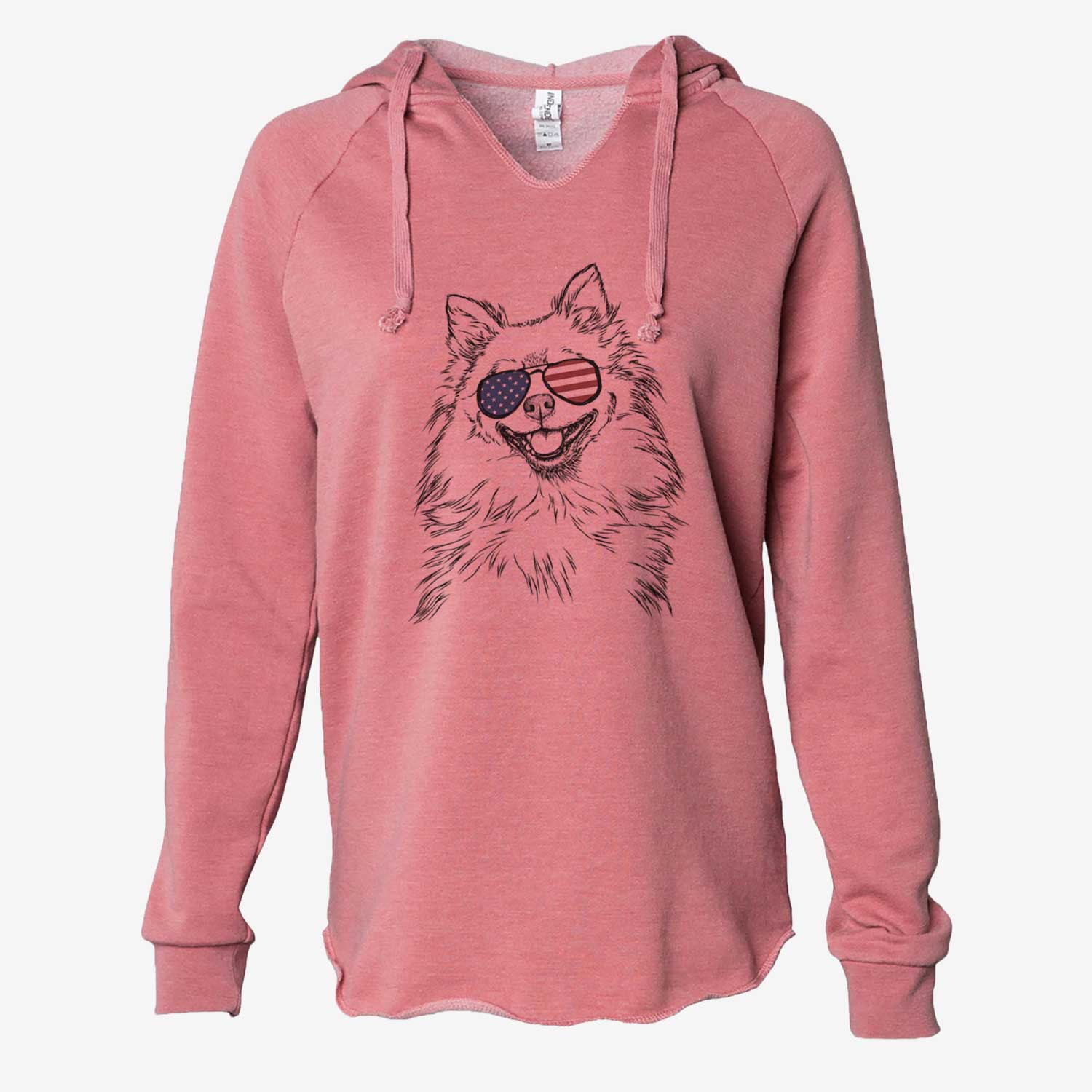 Hand-drawn sketch of Fibi the Spitz wearing American flag sunglasses on a Dusty Rose Cali Wave Hooded Sweatshirt