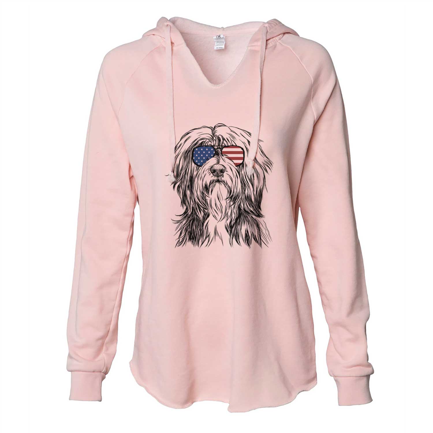 Hand-drawn sketch of Fiji the Polish Lowland Sheepdog wearing American flag sunglasses on a Blush Cali Wave Hooded Sweatshirt