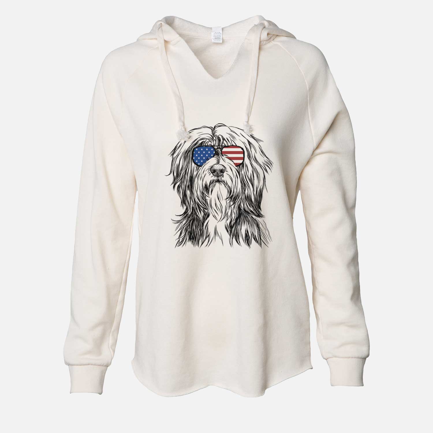 Hand-drawn sketch of Fiji the Polish Lowland Sheepdog wearing American flag sunglasses on a Bone Cali Wave Hooded Sweatshirt