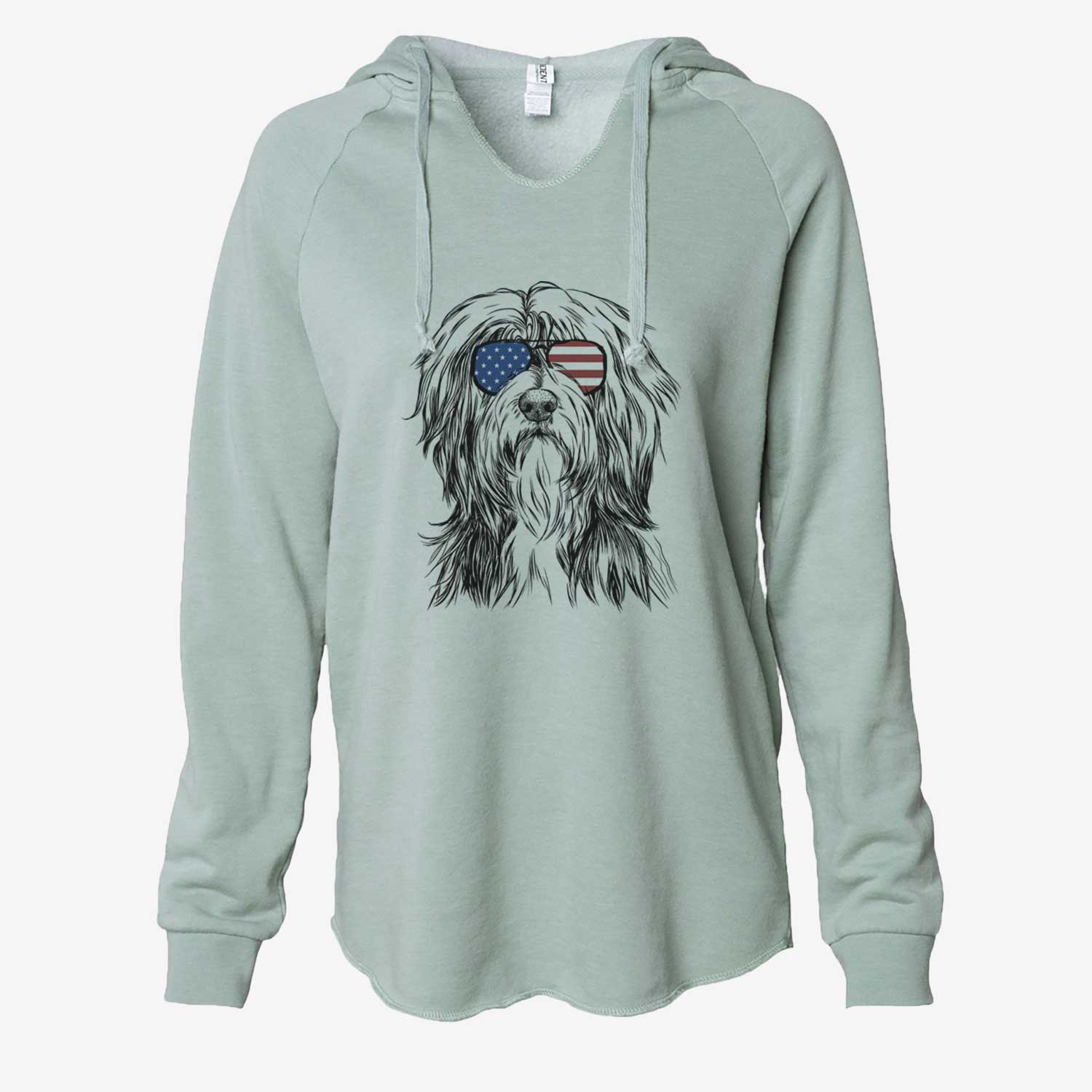 Hand-drawn sketch of Fiji the Polish Lowland Sheepdog wearing American flag sunglasses on a Sage Cali Wave Hooded Sweatshirt