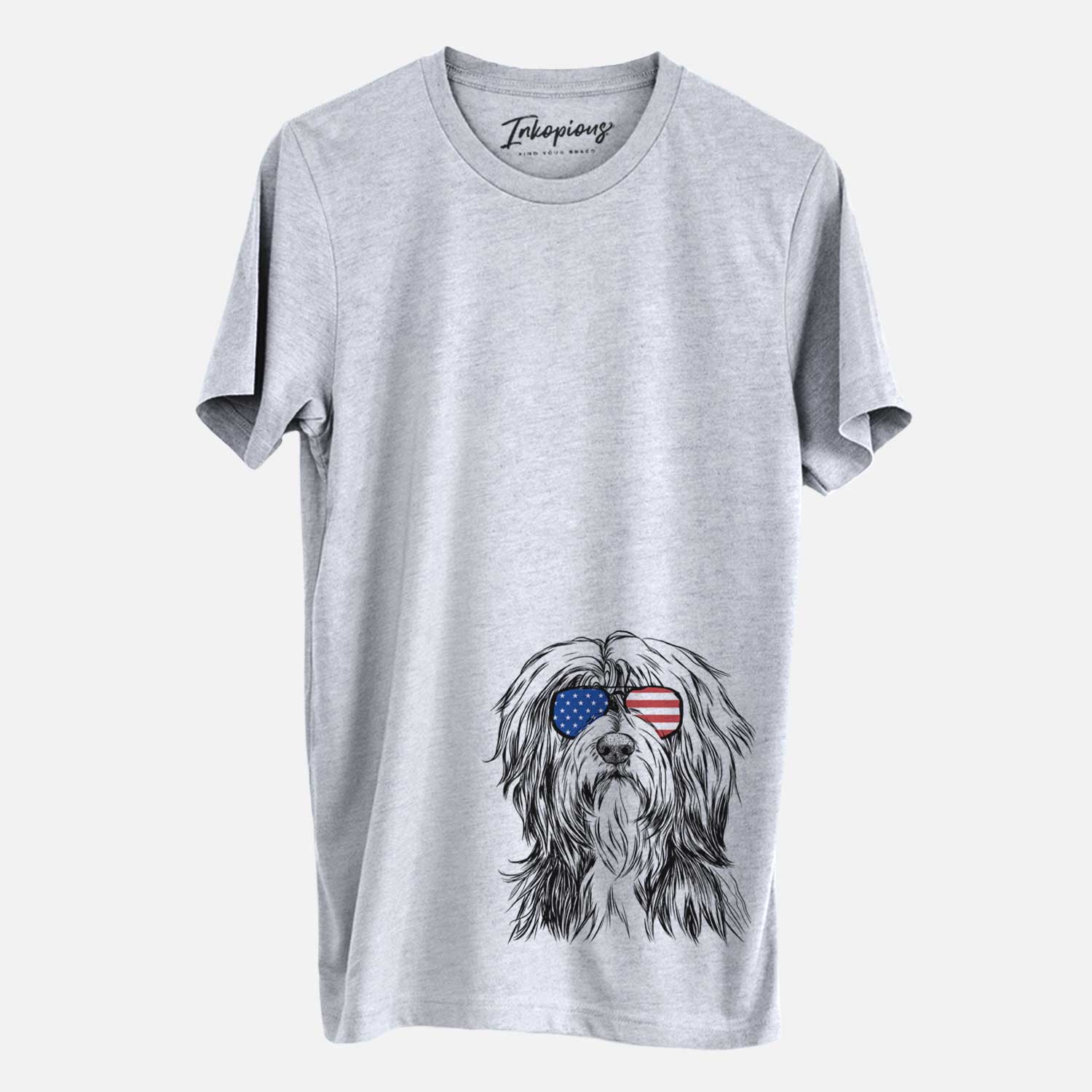 Hand-drawn sketch of Fiji the Polish Lowland Sheepdog wearing American flag sunglasses on a Grey Unisex crewneck