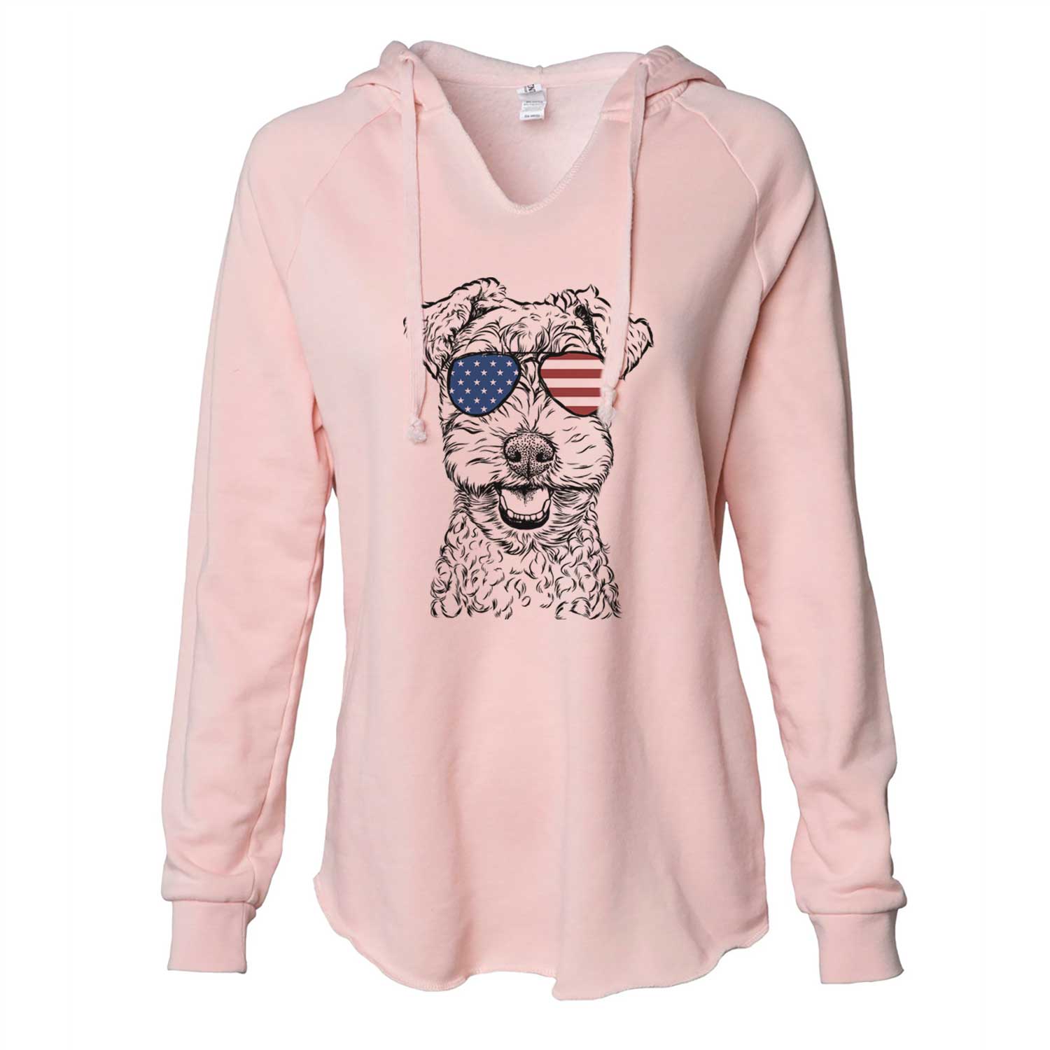 Hand-drawn sketch of Fintan the Irish Troodle wearing American flag sunglasses on a Blush Cali Wave Hooded Sweatshirt