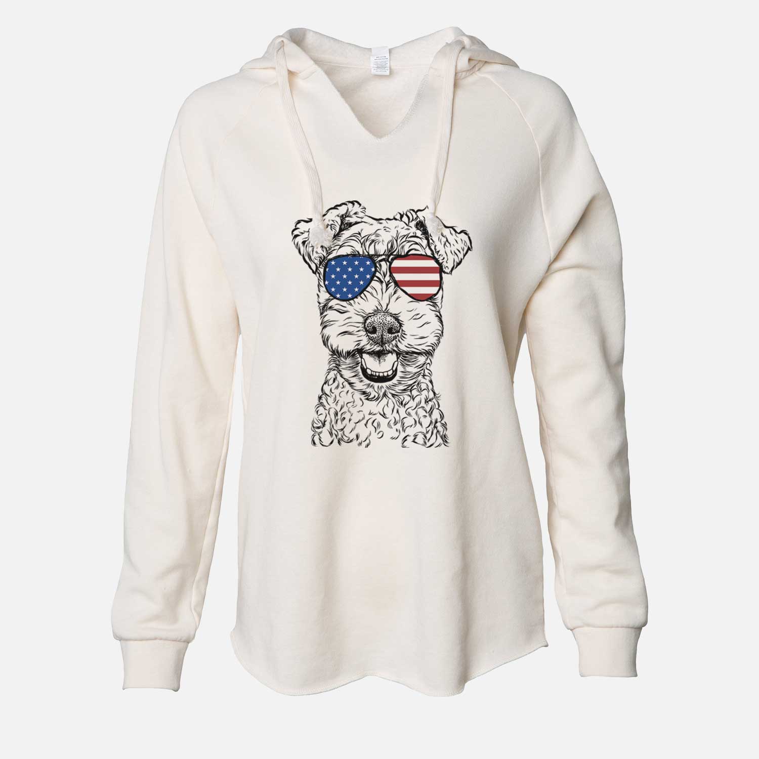 Hand-drawn sketch of Fintan the Irish Troodle wearing American flag sunglasses on a Bone Cali Wave Hooded Sweatshirt