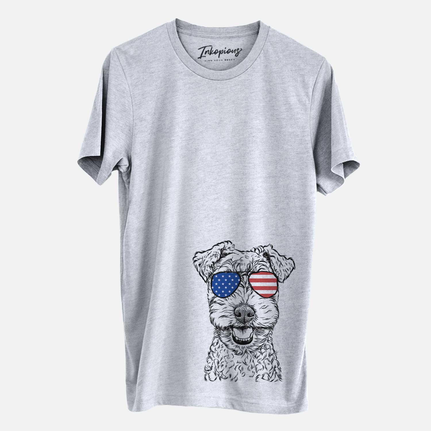 Hand-drawn sketch of Fintan the Irish Troodle wearing American flag sunglasses on a Grey Unisex crewneck