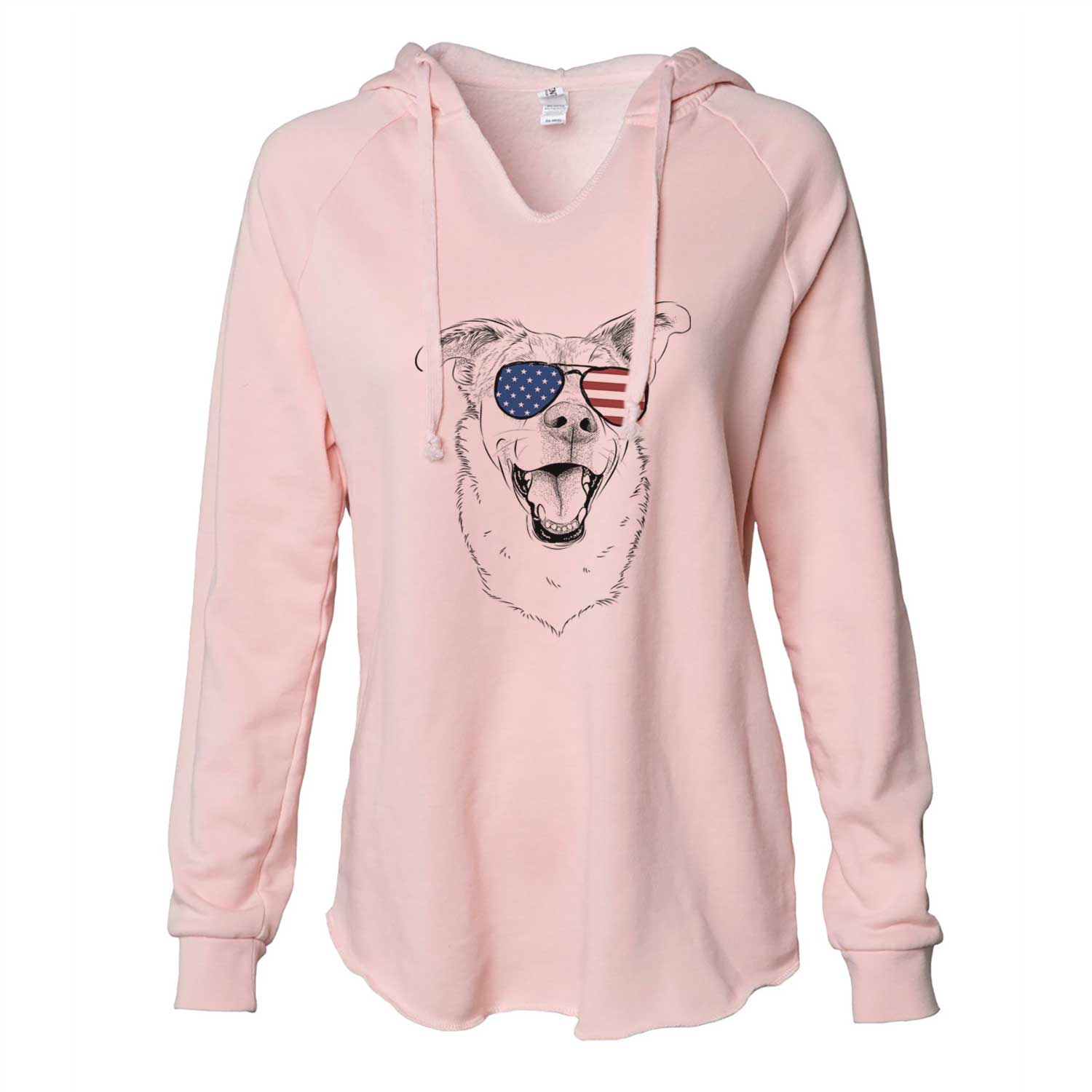 Hand-drawn sketch of Fira the Saint Bernard Husky Mix wearing American flag sunglasses on a Blush Cali Wave Hooded Sweatshirt