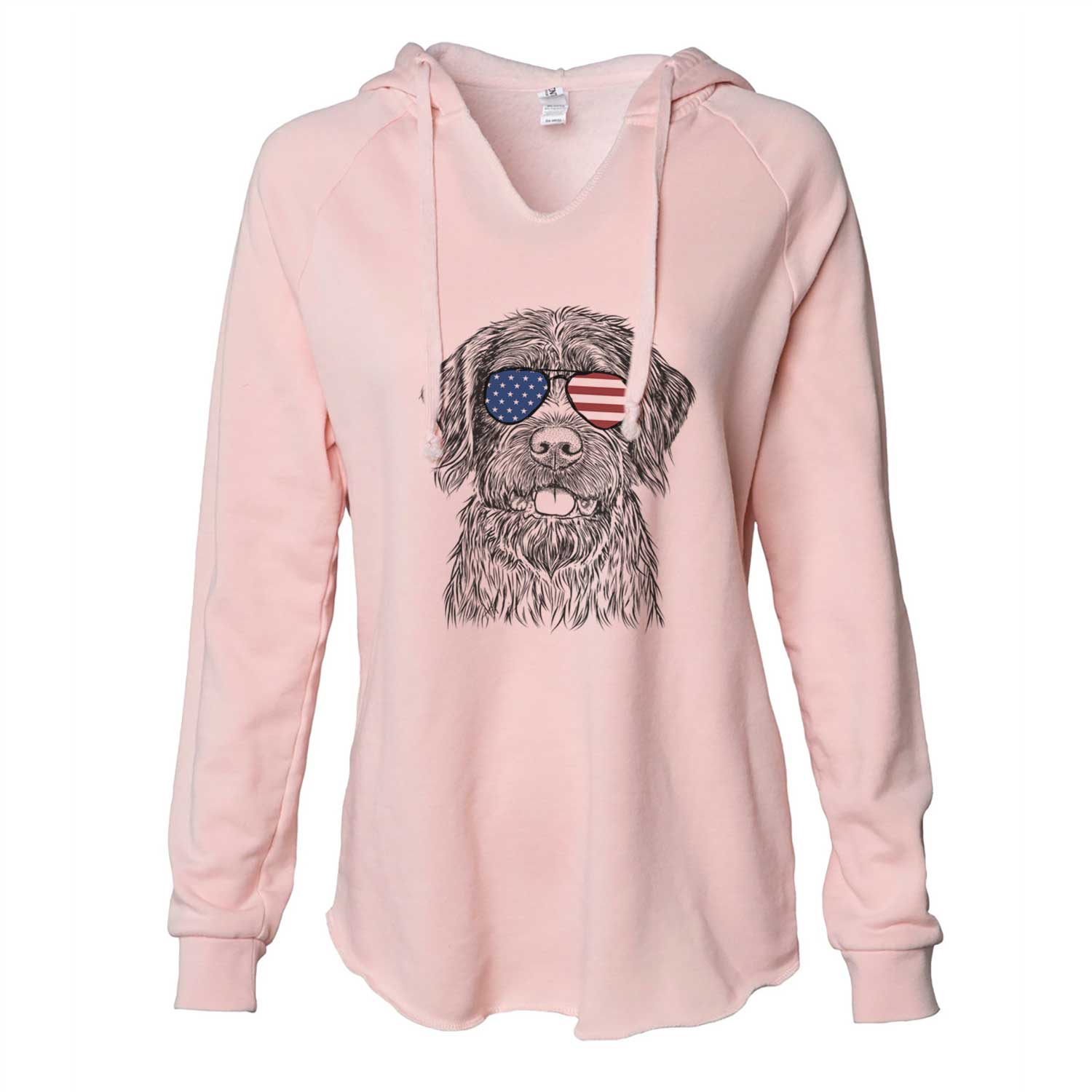 Hand-drawn sketch of Fletcher the Wirehaired Pointing Griffon wearing American flag sunglasses on a Blush Cali Wave Hooded Sweatshirt