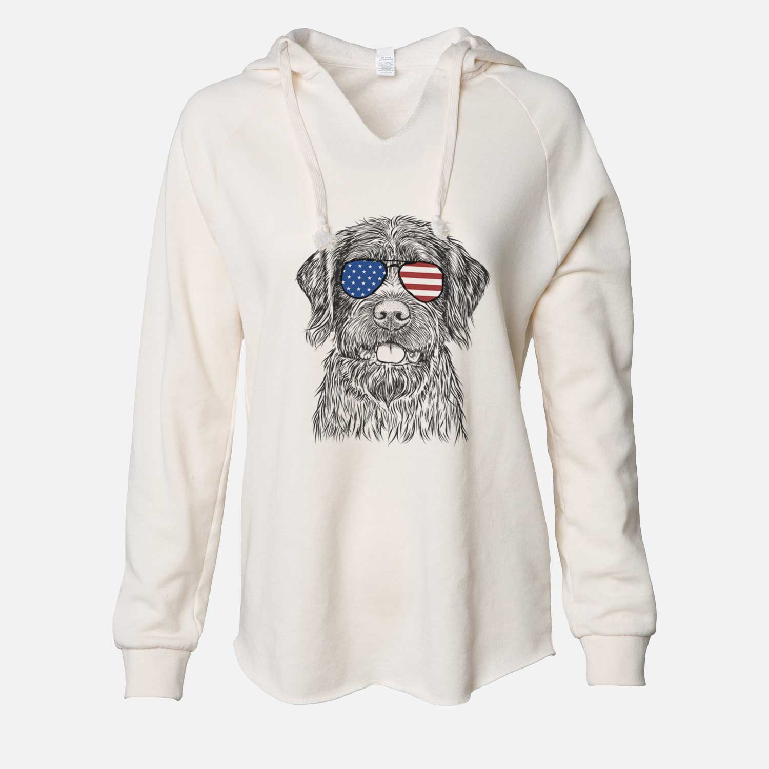 Hand-drawn sketch of Fletcher the Wirehaired Pointing Griffon wearing American flag sunglasses on a Bone Cali Wave Hooded Sweatshirt