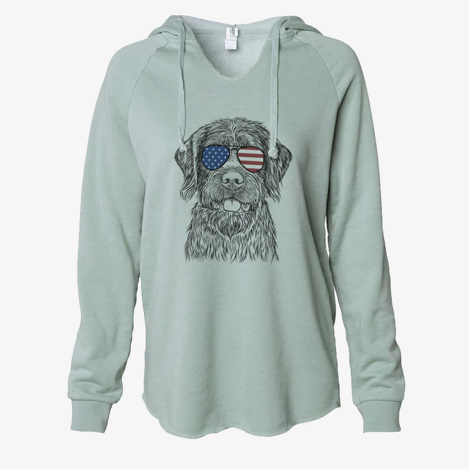 Hand-drawn sketch of Fletcher the Wirehaired Pointing Griffon wearing American flag sunglasses on a Sage Cali Wave Hooded Sweatshirt